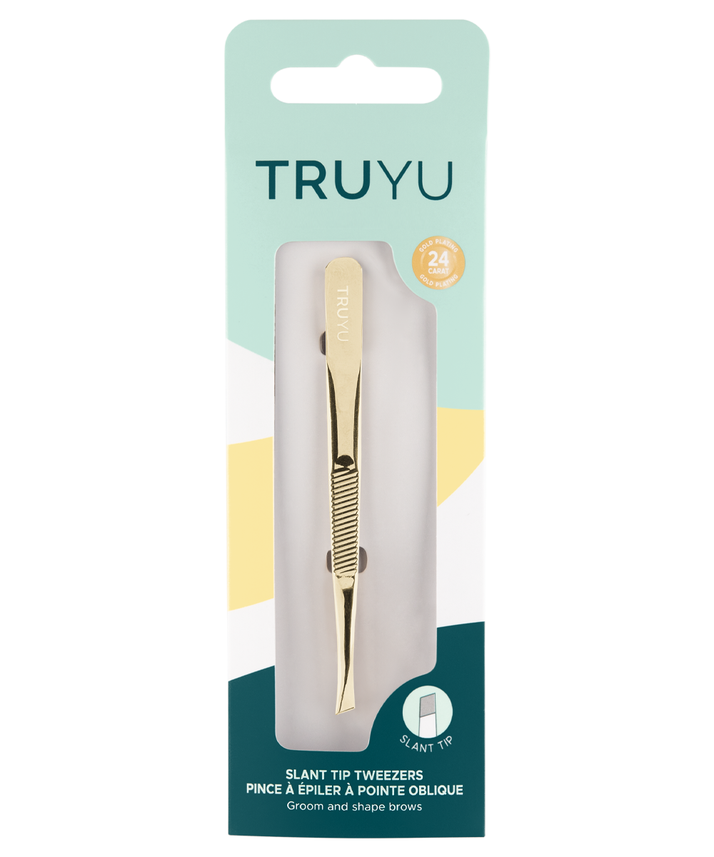 TRUYU Gold Slant Tip Tweezer in packaging