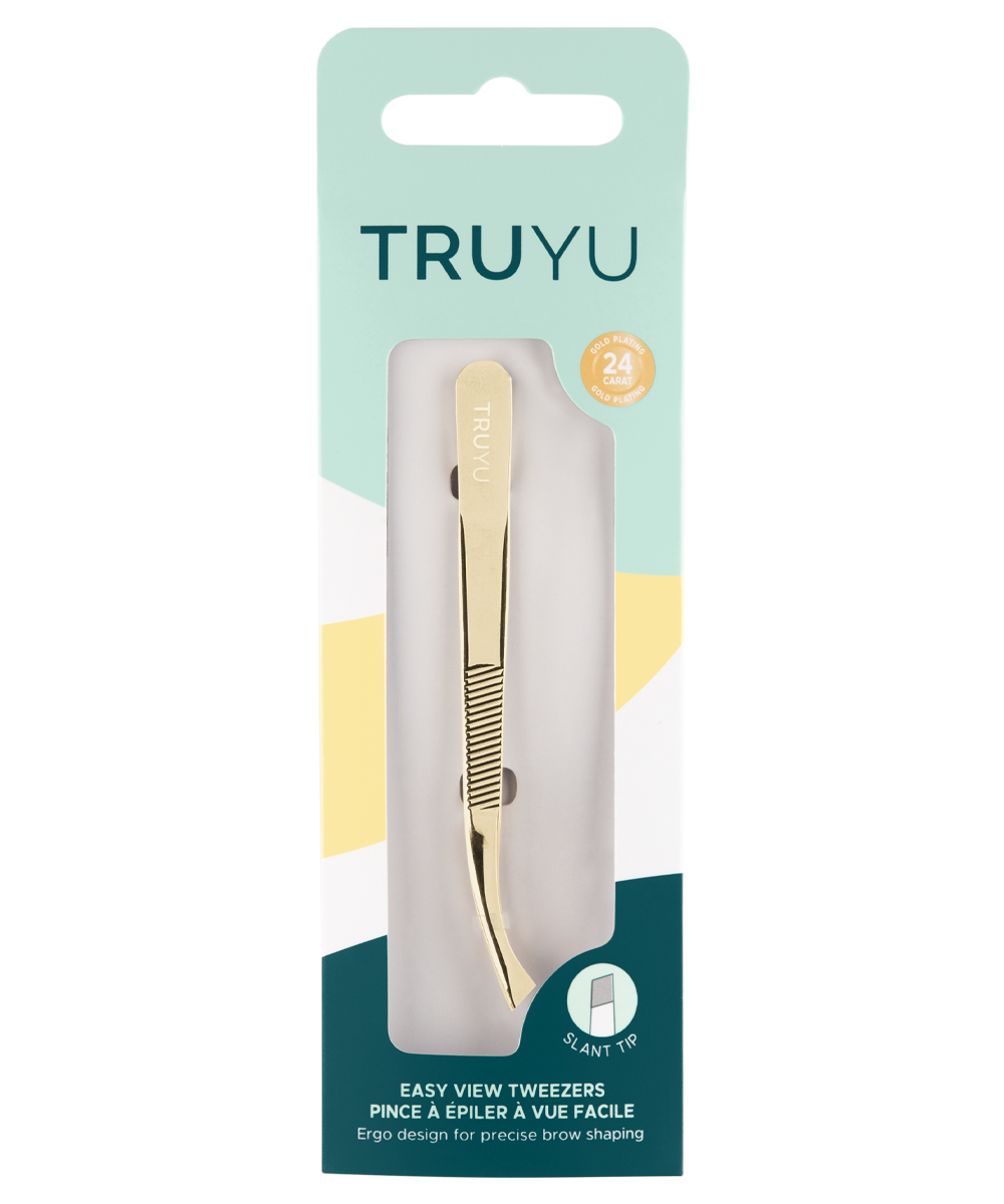 TRUYU Gold Slant Tip Tweezer. In packaging