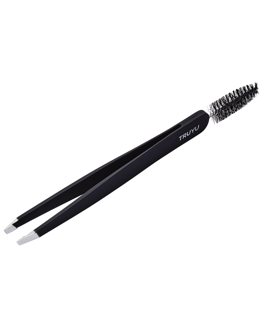 Angled image of TRUYU black Slant Tweezer & Spoolie