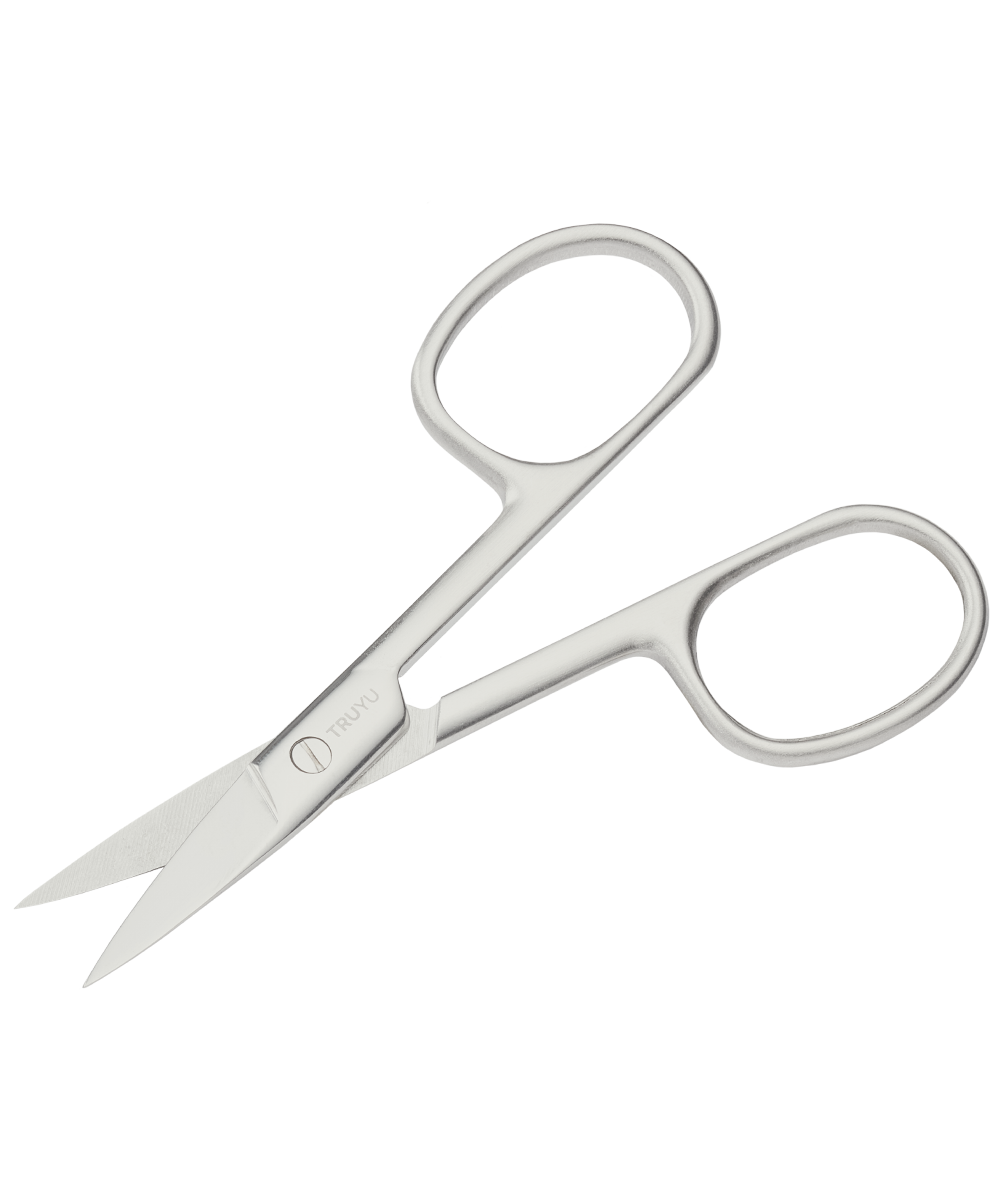 Angled image of silver TRUYU Straight Nail Scissors. Blades half-open.