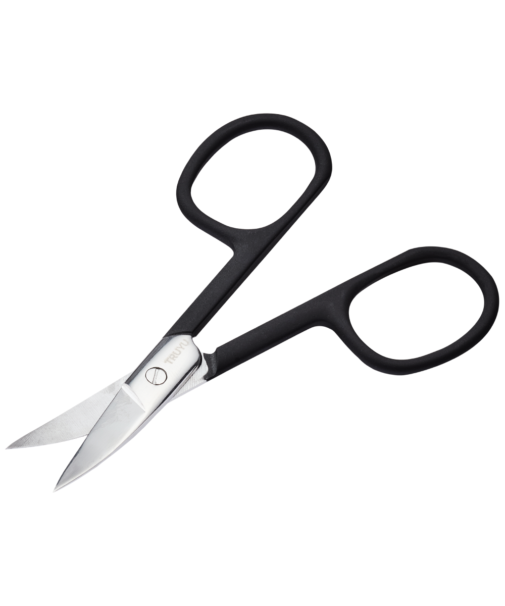 Angled image of a black TRUYU Curved Nail Scissors. Blades half-open.