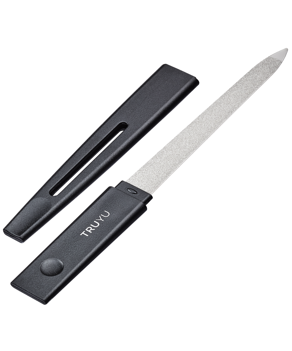 Angled image of TRUYU Sapphire Nail File with black protective cap. (View 1)