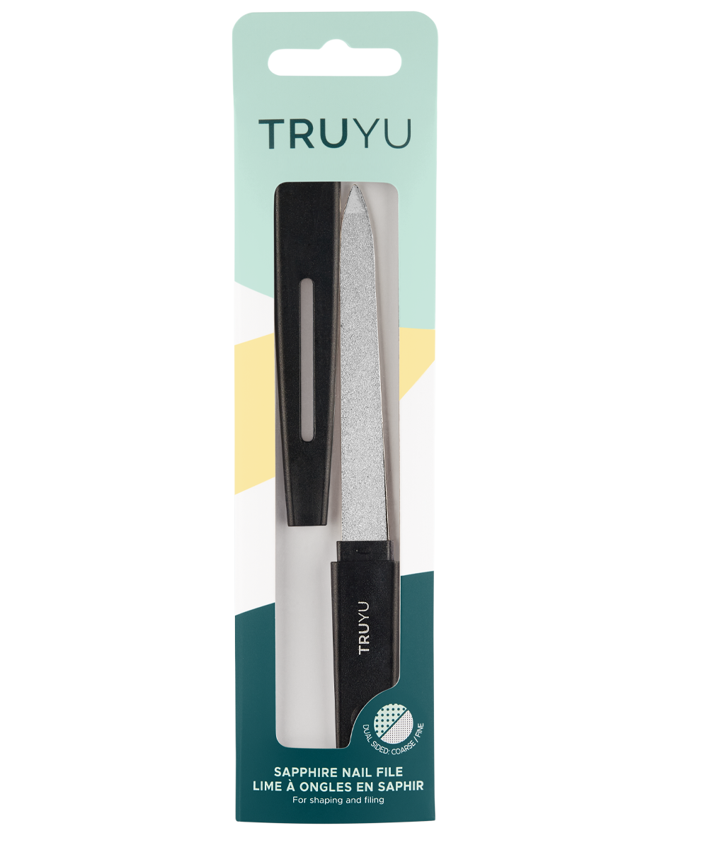TRUYU Sapphire Nail File and cap. in packaging. (View 2)