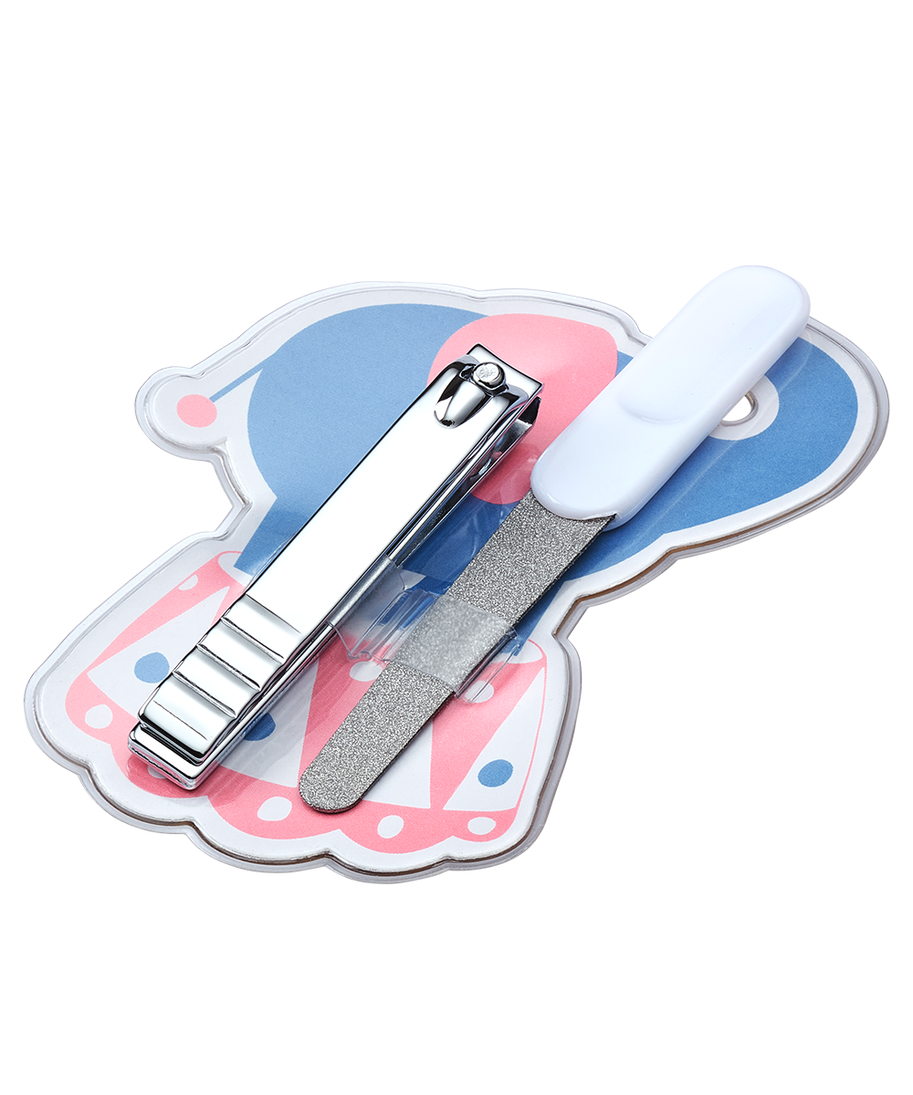 Angled image of TRUYU Baby Nail Grooming Kit Out of Packaging. Nail Clipper and file with a Baby elephant pouch.