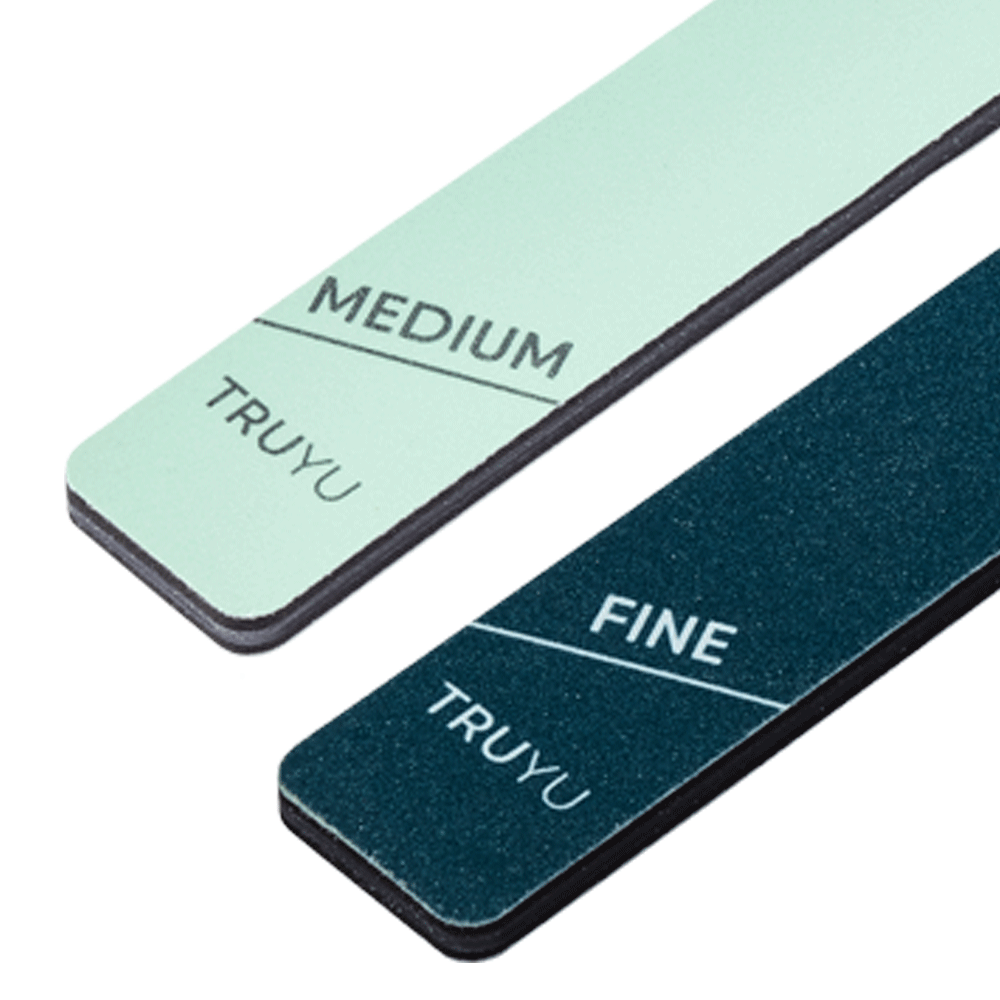 Zoomed in image of TRUYU Nail Shapers (set of 2). Light blue file labelled 'Medium' and blue file labelled 'Fine'.