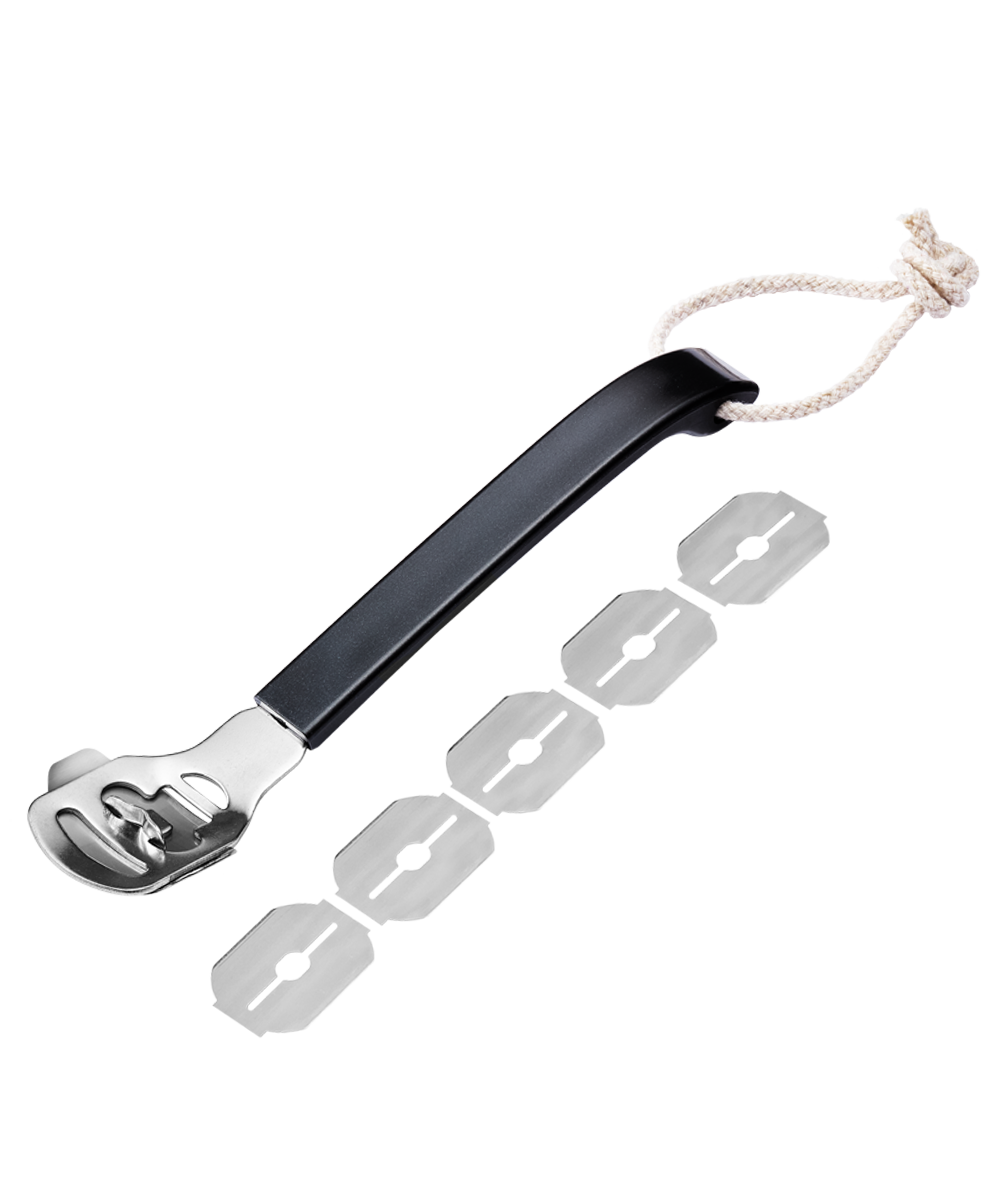Angled image of TRUYU Corn & Callus Shaver. Black handle and silver blades. 5 replacement blades included.