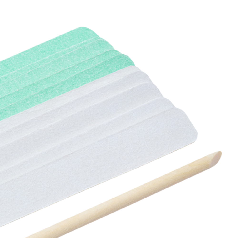 Zoomed in image of TRUYU Emery Boards 10 pack with wooden cuticle pushy.