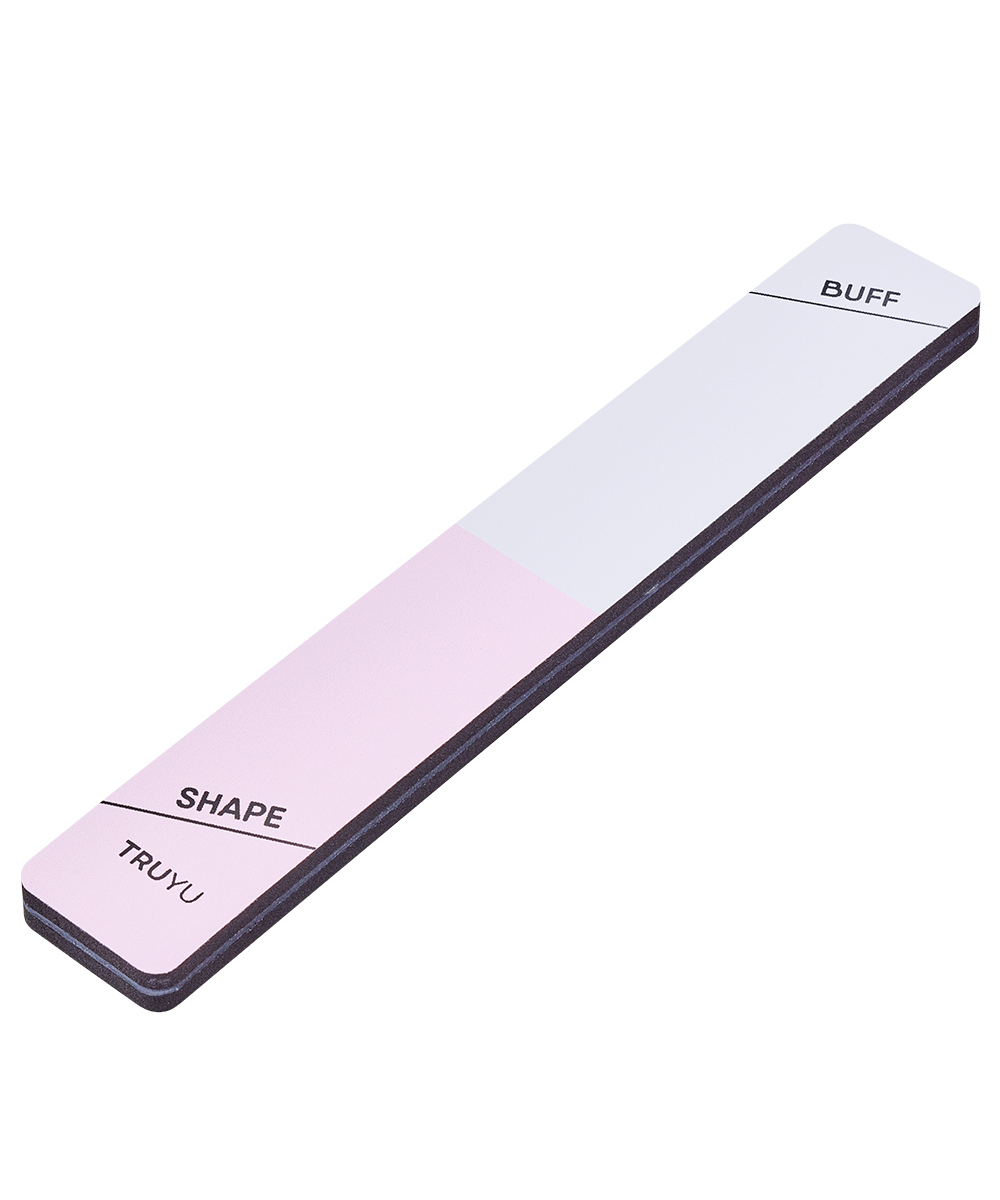 Angled image of TRUYU 3 Way Nail Buffer Showing the Shape and Buff side of the buffer.