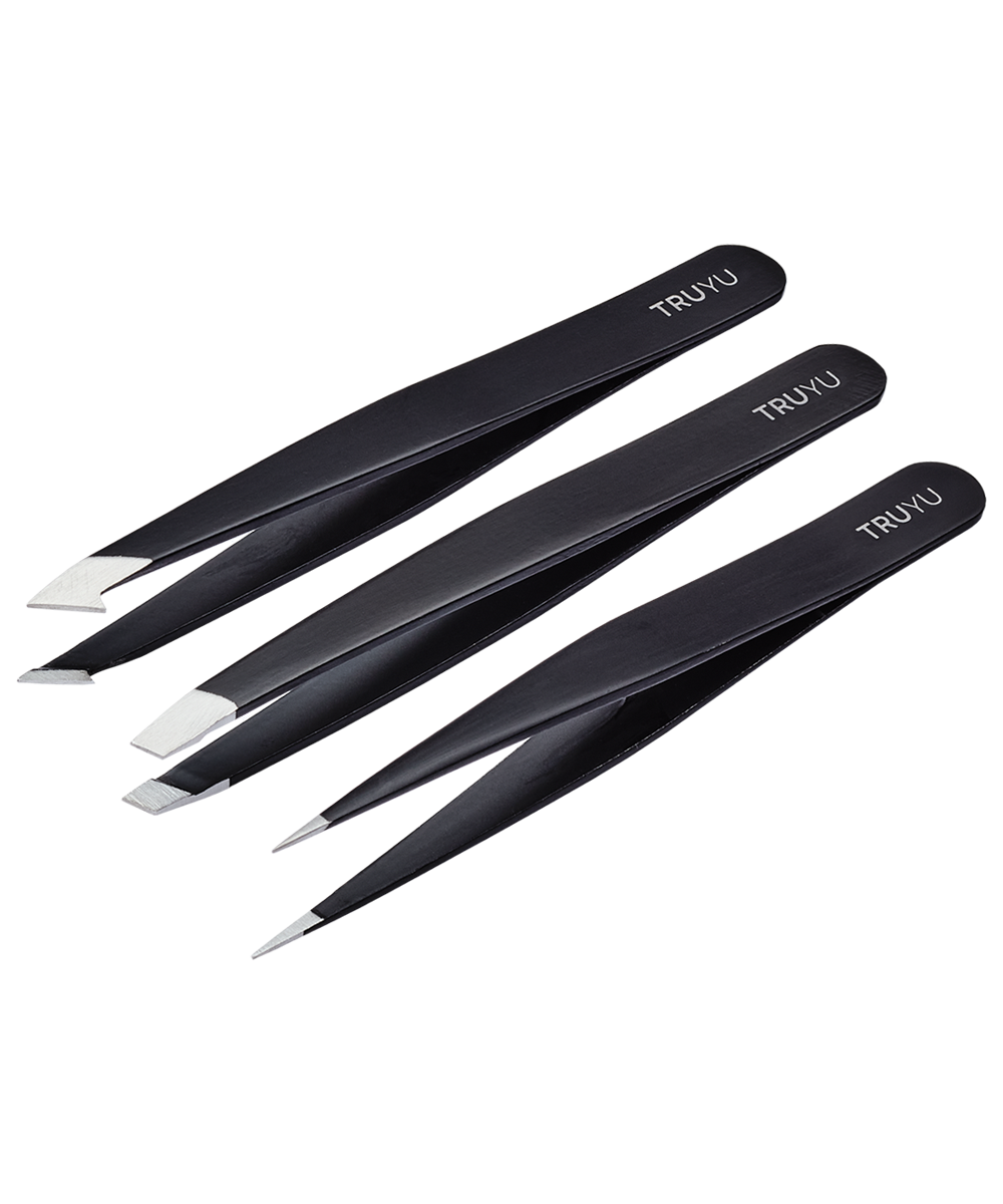 Angled image of TRUYU Ultimate Tweezer Collection. Includes 3 black tweezers; Combo Tip, Slant Tip, Point Tip. (View 1)