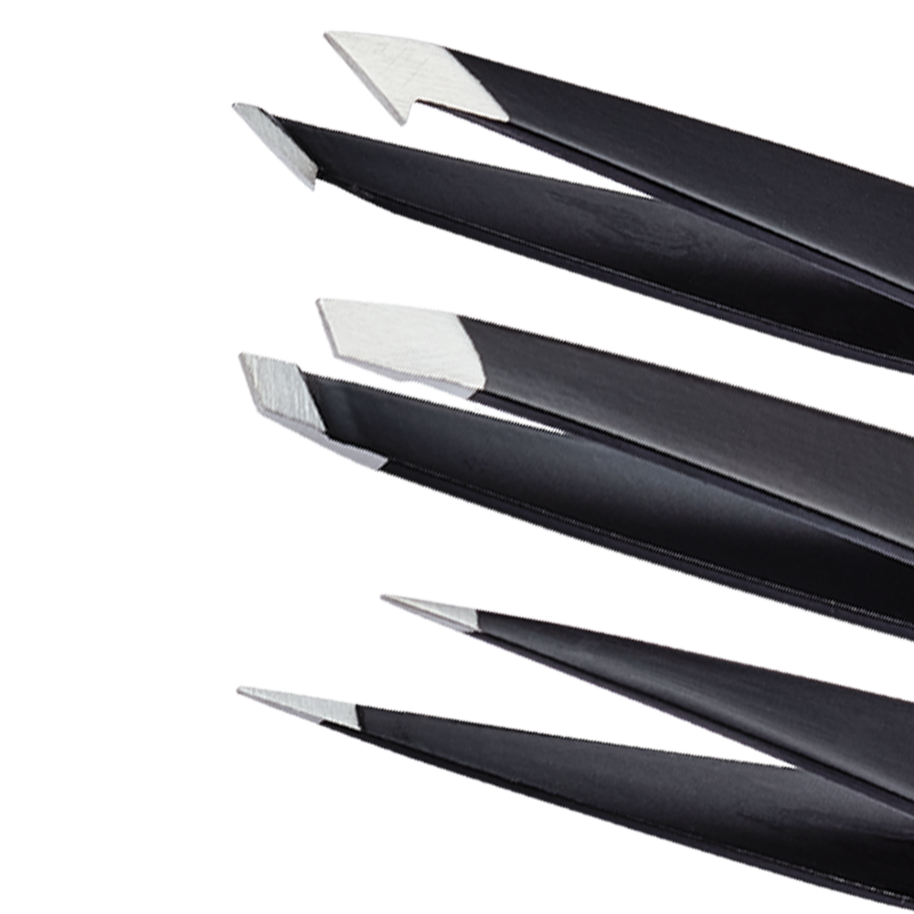Zoomed in image of TRUYU Ultimate Tweezer Collection, showing tweezer tips; Combo, Slant, Point.