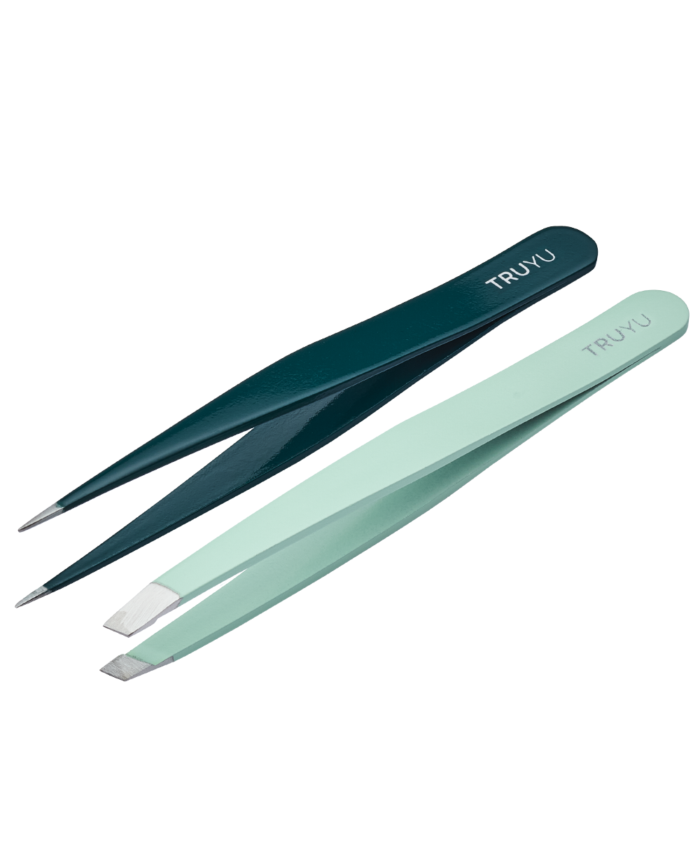 Angled image of TRUYU Precision Tweezer Duo. Includes dark green Point Tweezer and light blue Slant Tweezer.