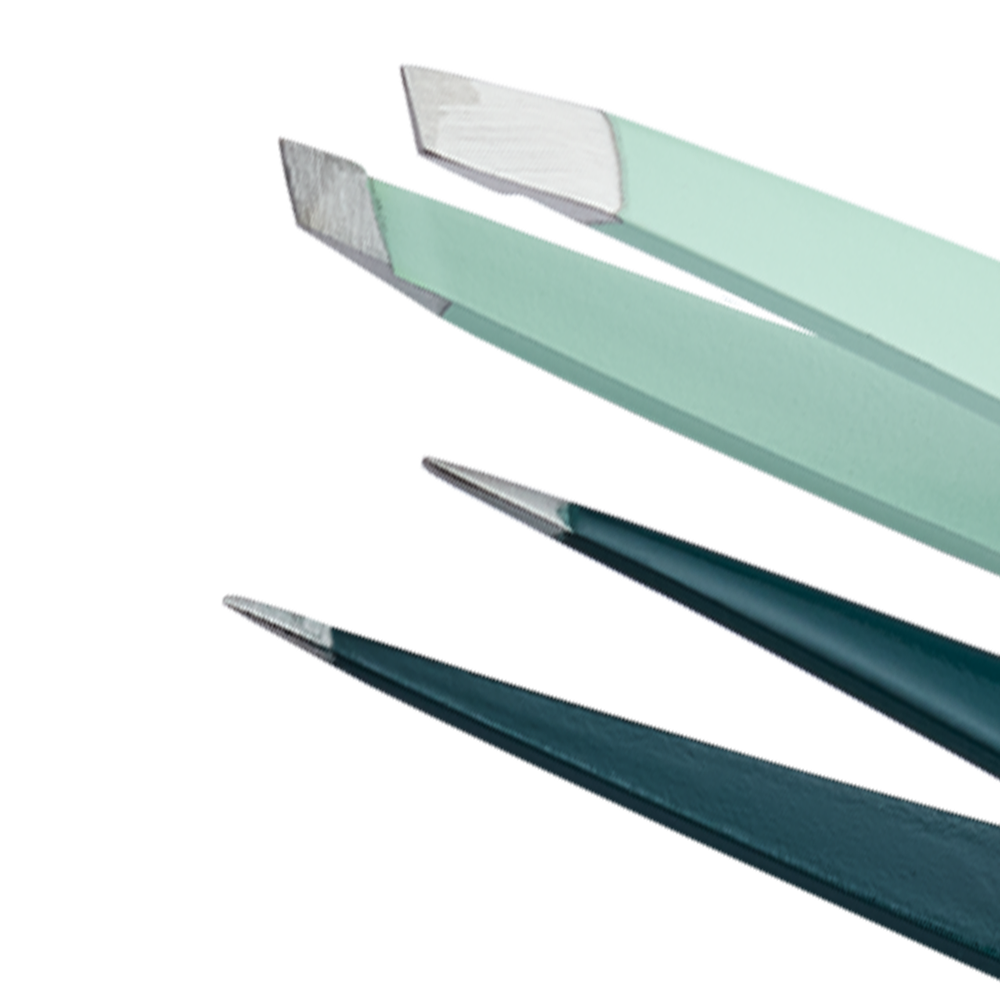 Zoomed in image of TRUYU Precision Tweezer Duo, showing both point and slant tweezer tips