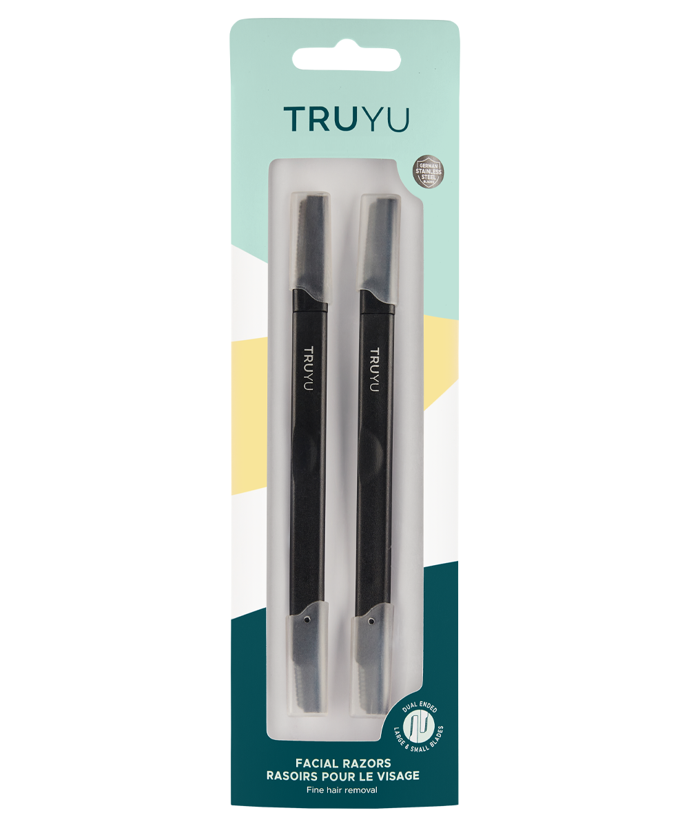 TRUYU 2 Pack of black facial razors. In packaging.