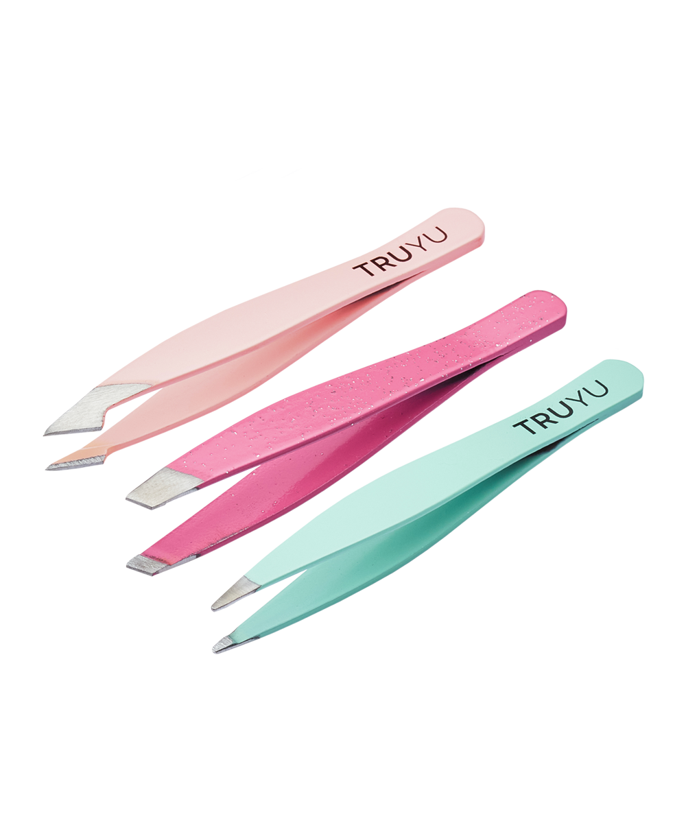Angled image of TRUYU Mini Tweezer Trio. Slant, Point and Combo Tip.