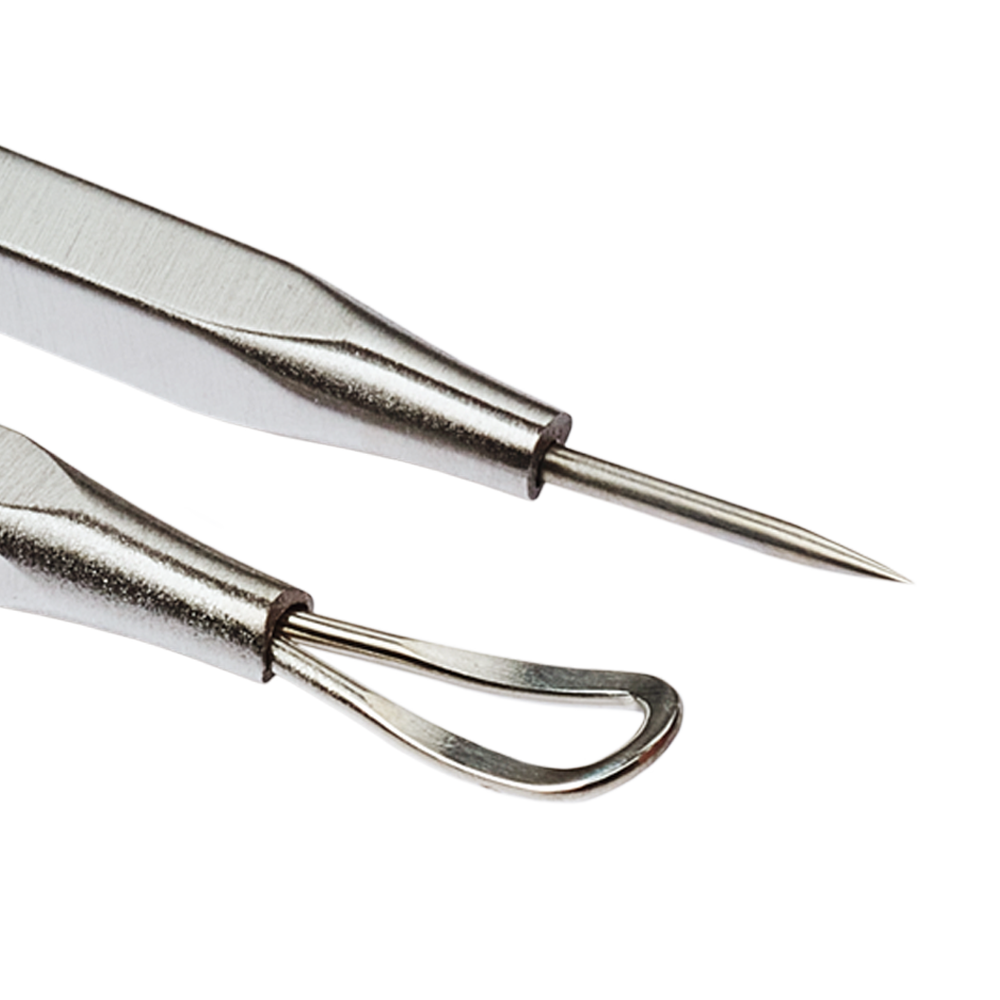 Zoomed in image of silver TRUYU Mini Blackhead Removers. 2 pack close up of lancet and loop.