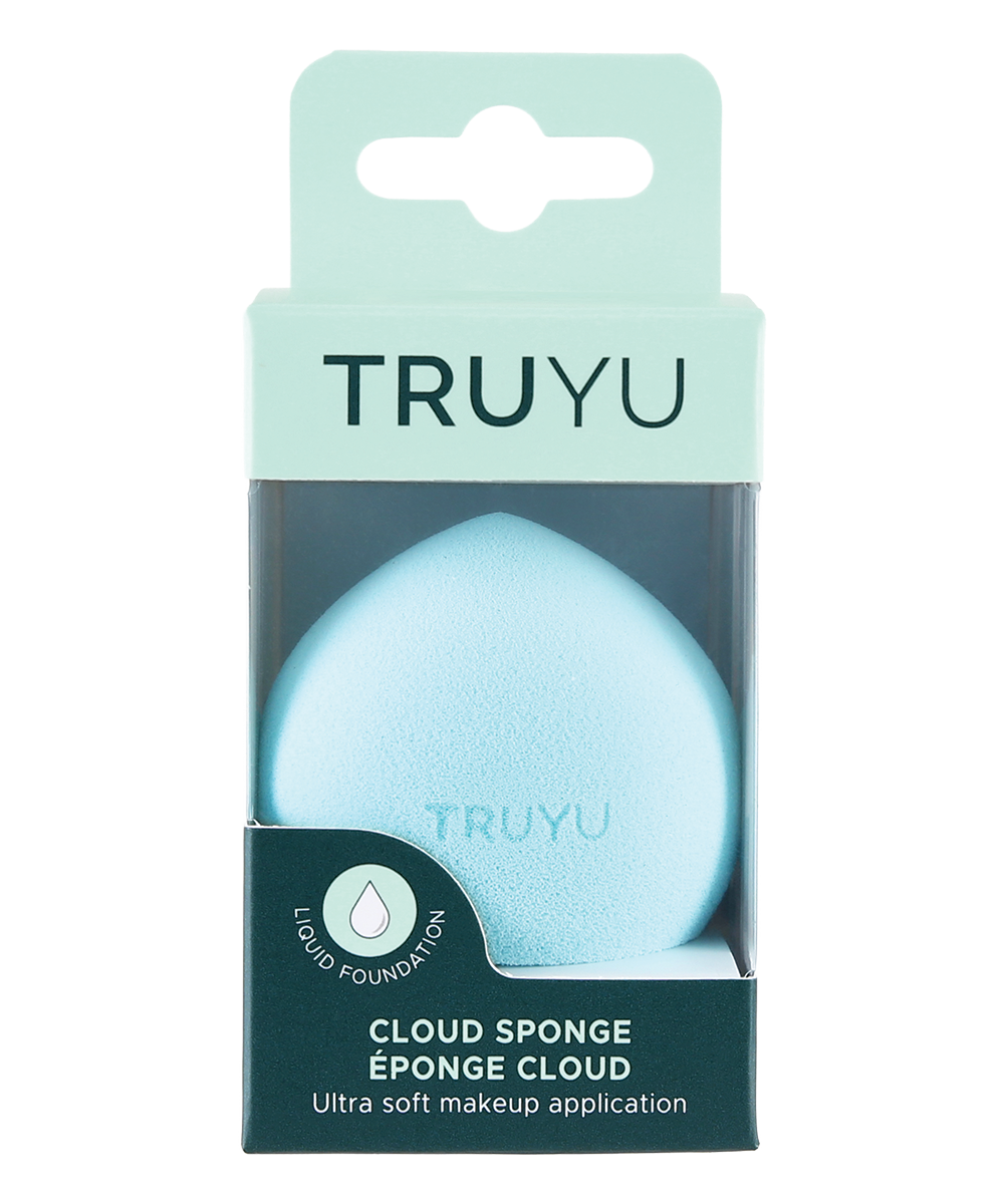 TRUYU Cloud Sponge. In retail box packaging. Light blue coloured sponge, with TRUYU logo in centre. Dome shape, with flat bottom. (View 2)