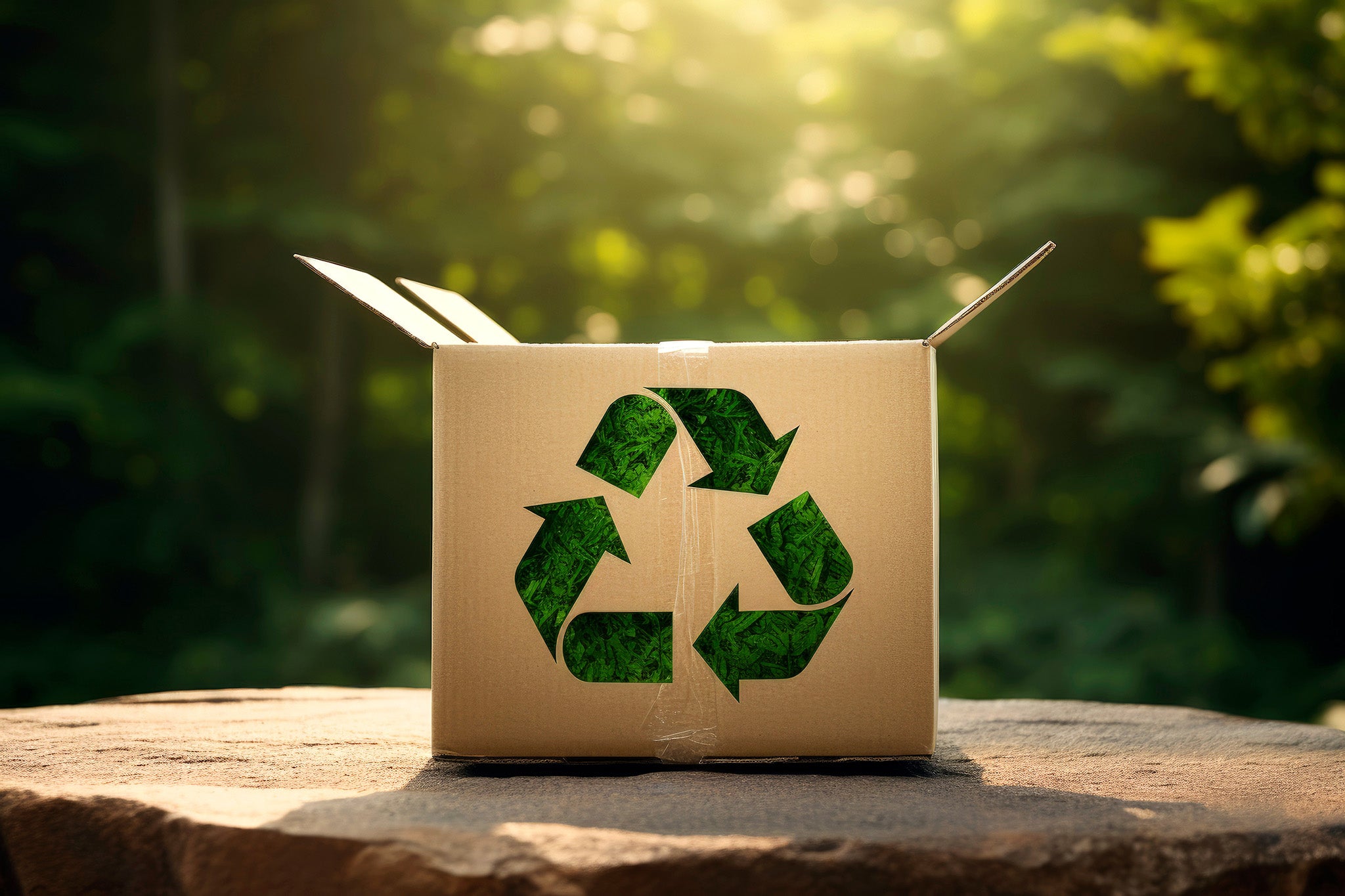 Cardboard Box with Recycle logo on. On Top of wooden tree stump. with Trees in the background with Sun shining through.