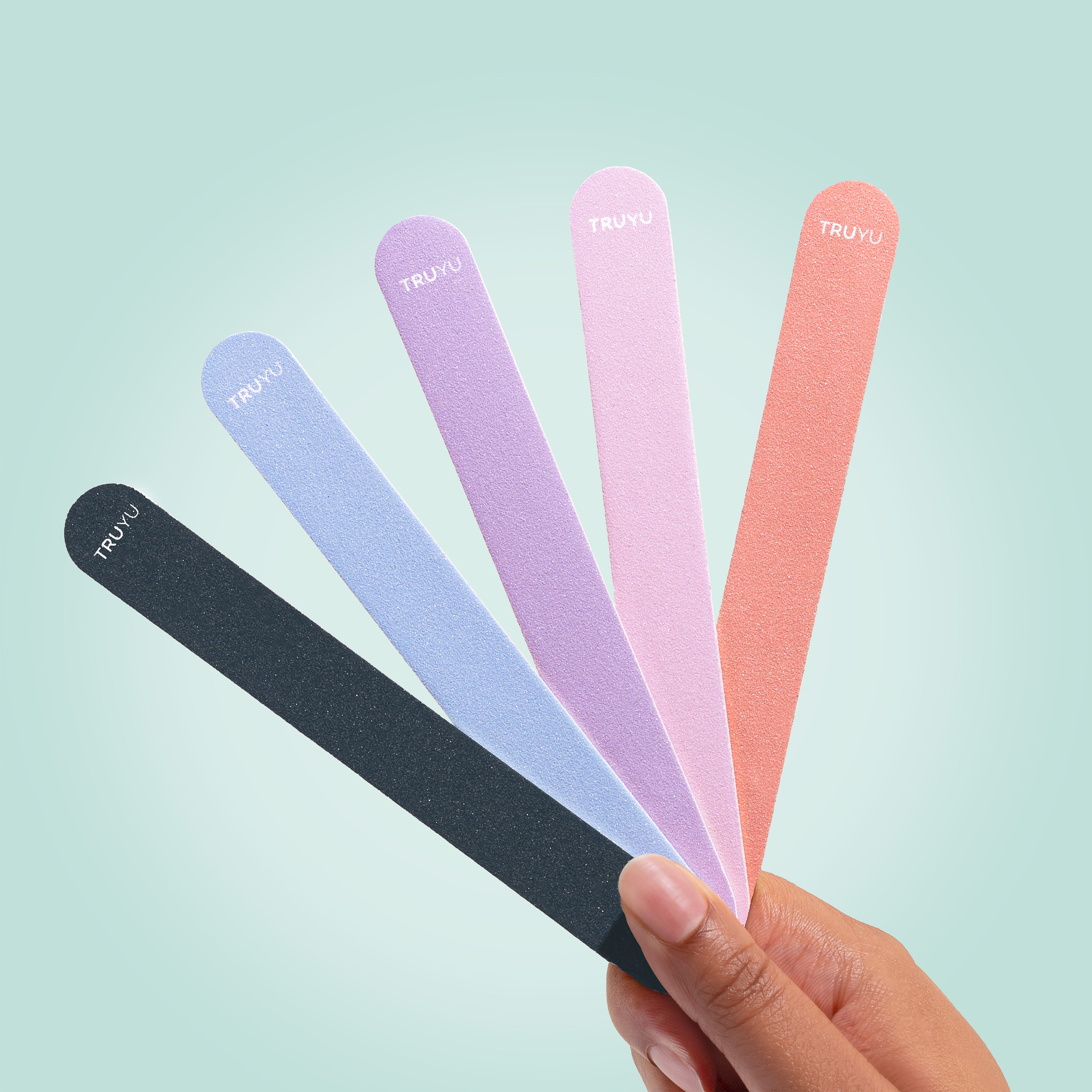 TRUYU Emery Files 5 pack multi colours. on blue background held out like a fan
