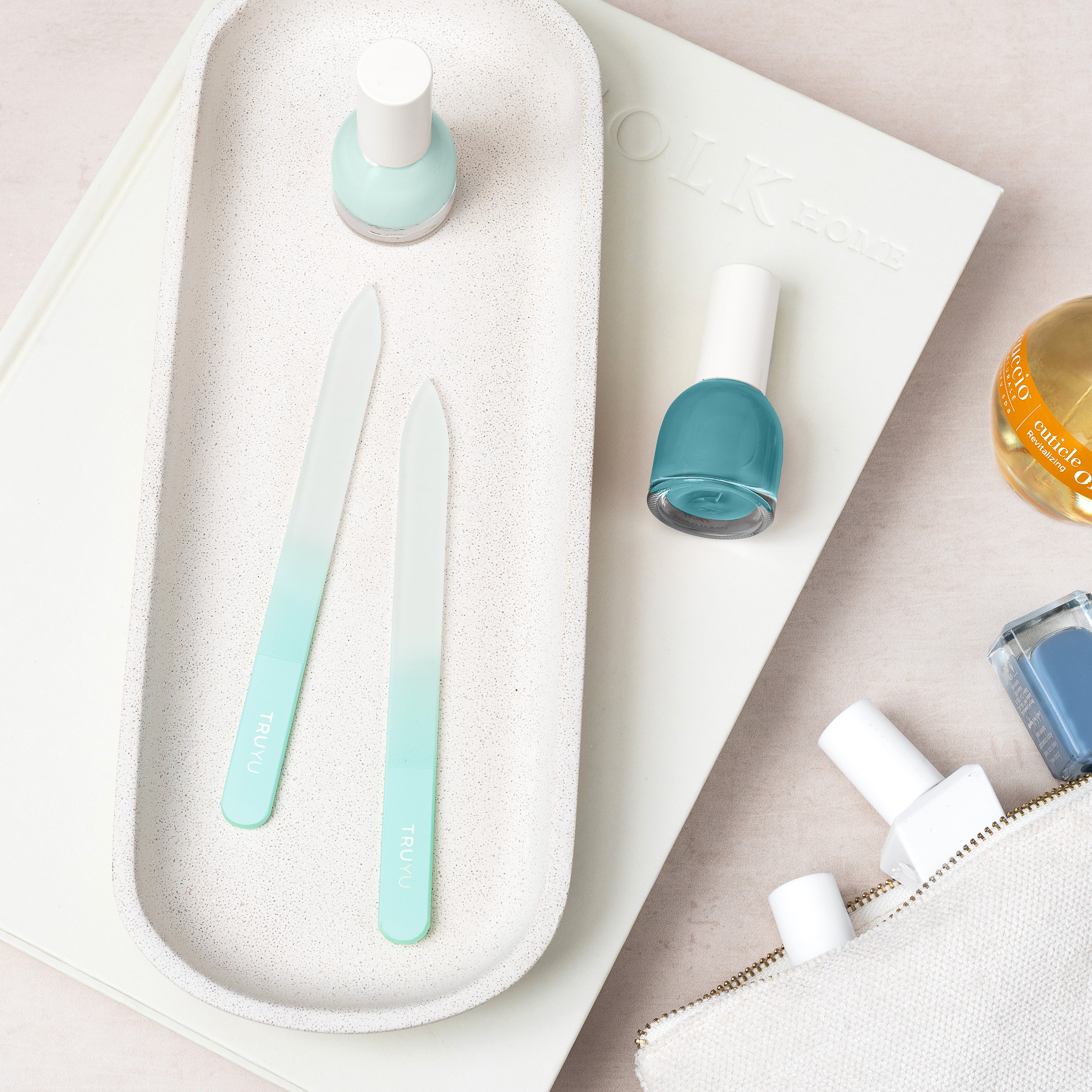TRUYU Glass Nail File on a tray with Nail varnish in stylised image