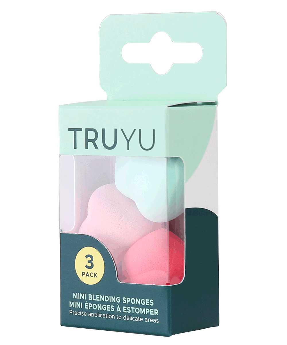 TRUYU Mini Blending Sponges. 3 Pack. Red, Pink and Blue. in packaging side angle