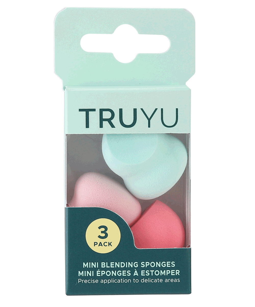 TRUYU Mini Blending Sponges. 3 Pack. Red, Pink and Blue. in packaging