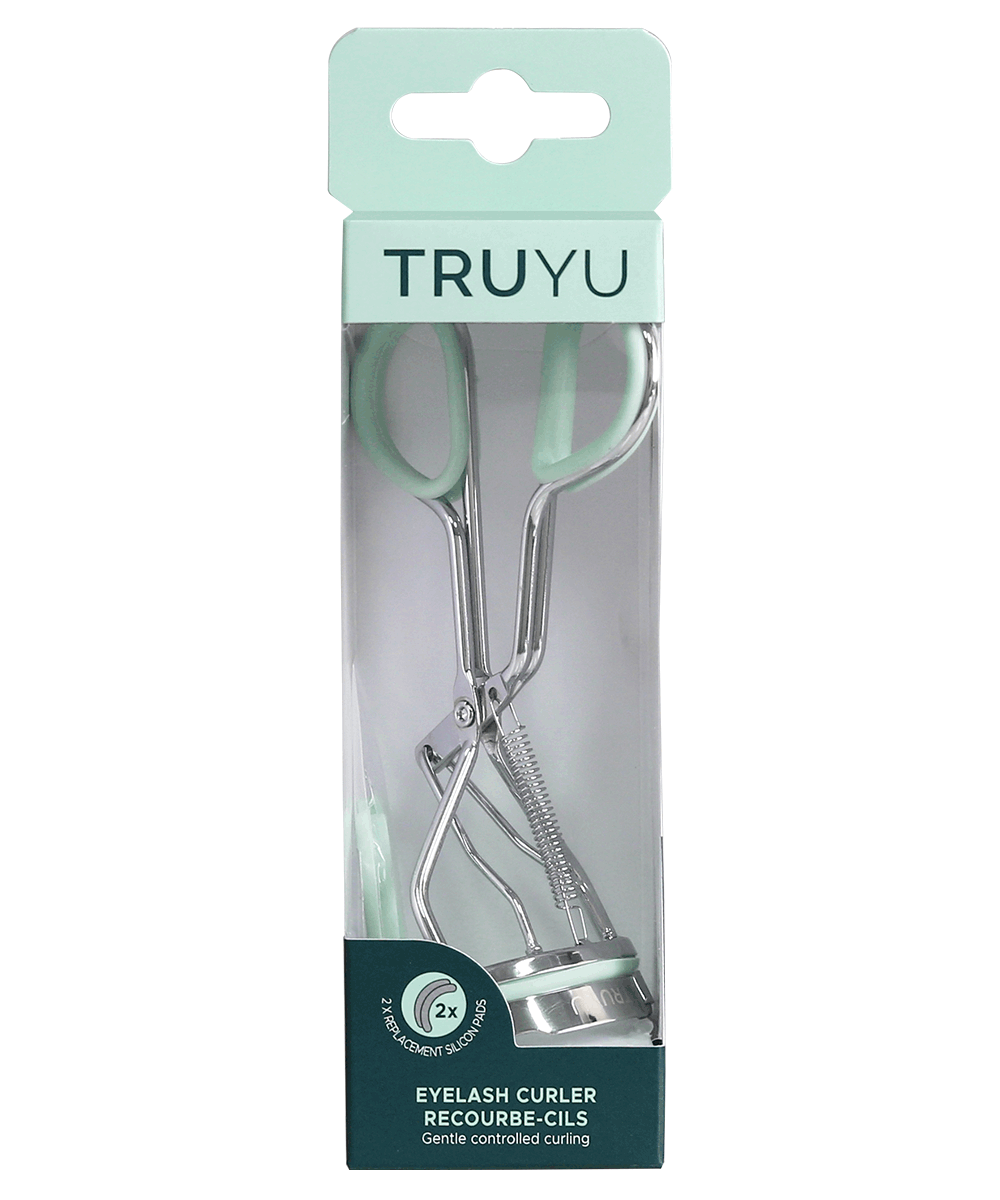 TRUYU Silver Spring Loaded Eyelash Curler in packaging.