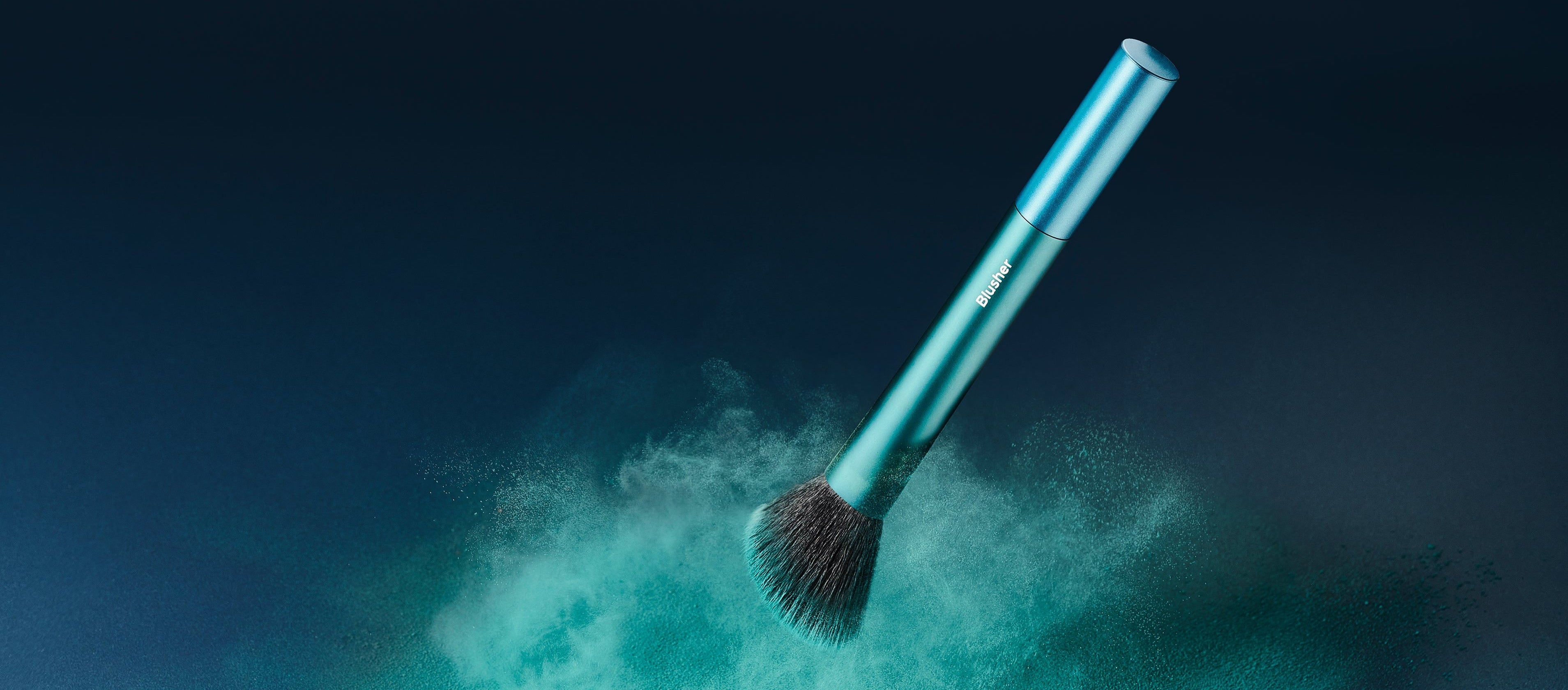 TRUYU Blusher Brush on blue background with Teal Powder