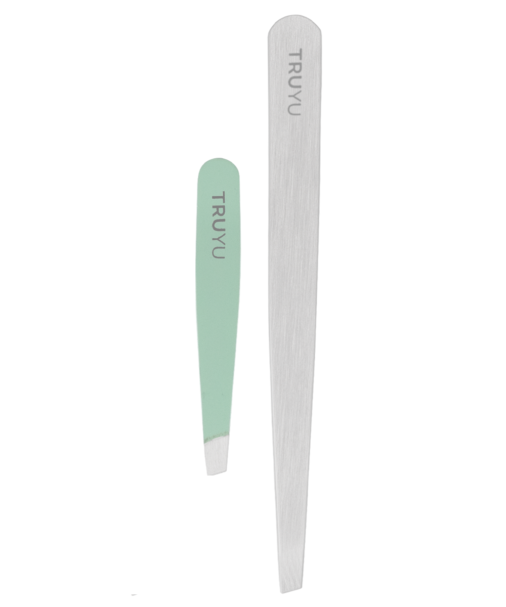 TRUYU Tweezer Kit - Silver full size slant tip tweezer and micro blue slant tip tweezer