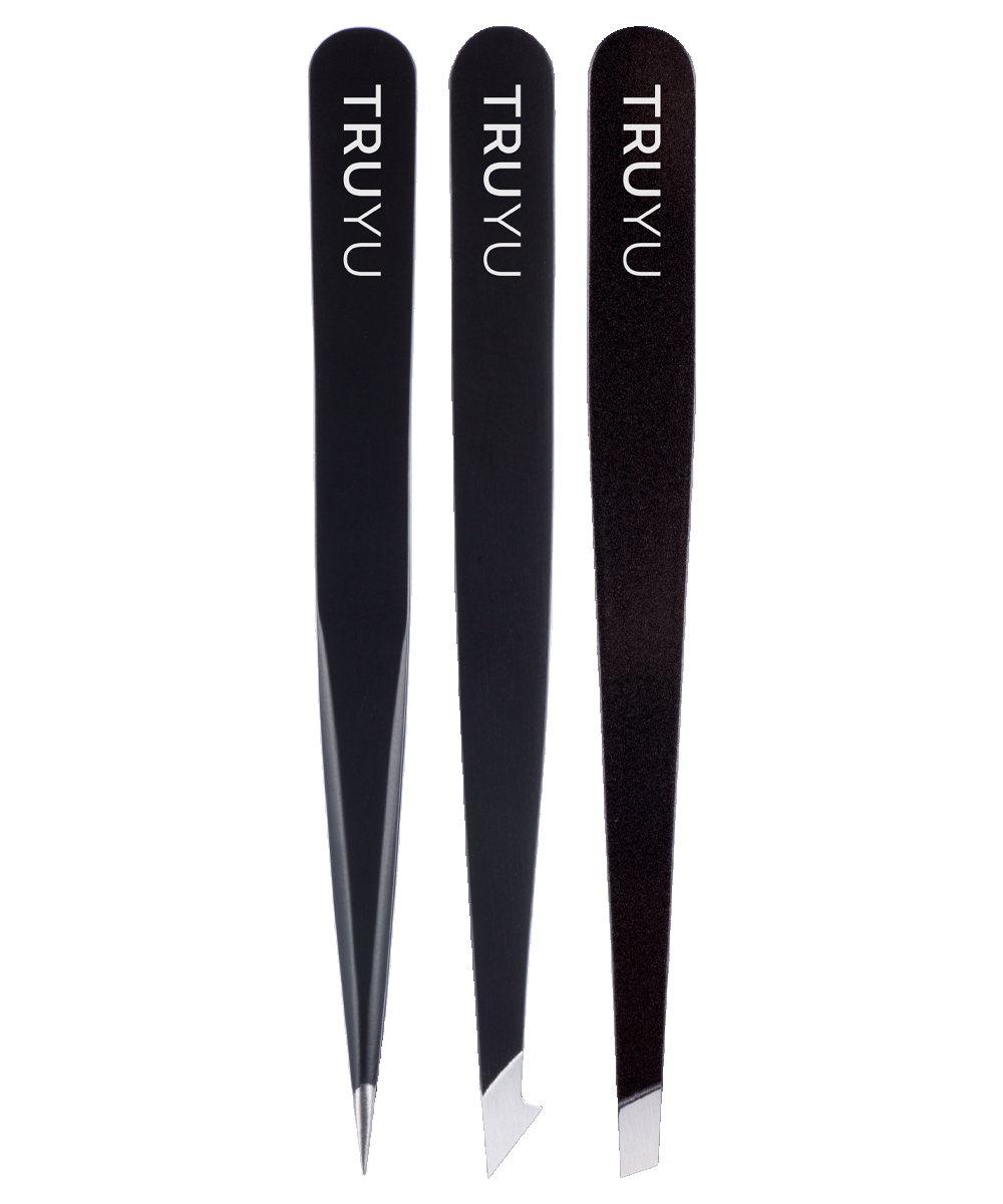 TRUYU Black Tweezer Trio. Slant, Combo and Point Tips. 3 Pack
