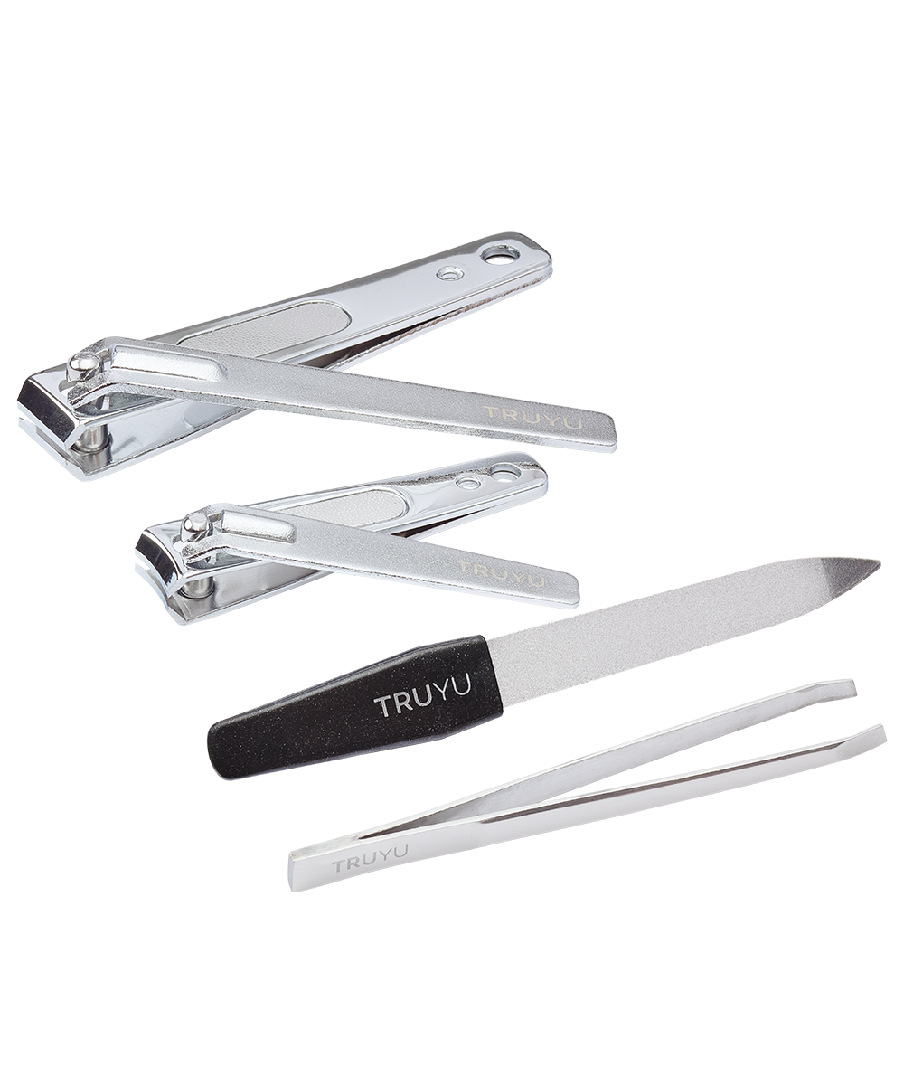 Angled image of TRUYU 365 Daily Grooming Essentials. Includes Slant Tip Tweezer, Nail File, Nail Clipper and Toenail Clipper.