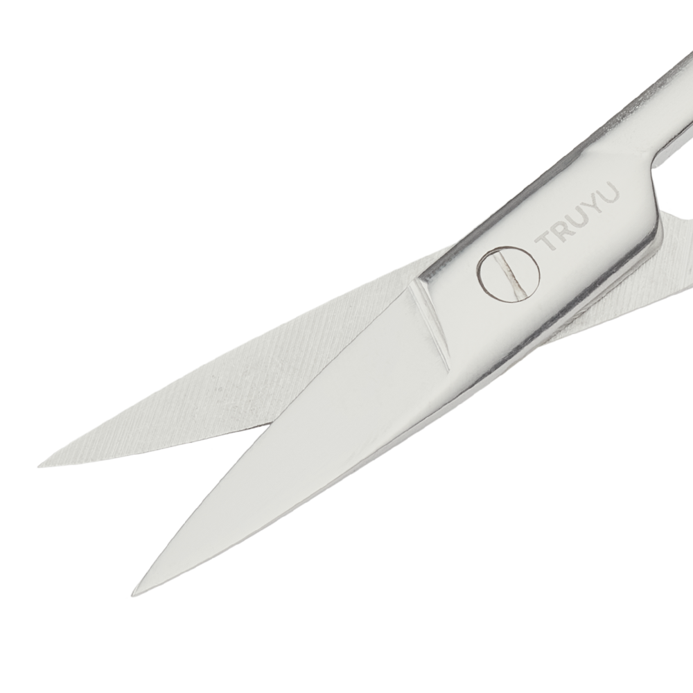 Zoomed in image of silver TRUYU Straight Nail Scissors. Showing close-up of straight blades, half open.