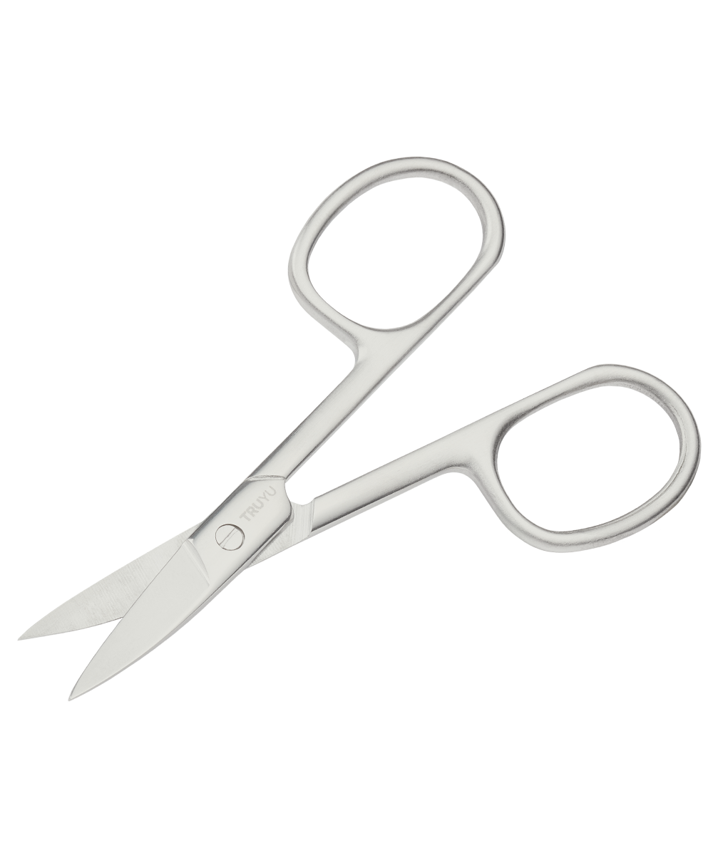 Angled image of silver TRUYU Curved Nail Scissors. Curved blades half-open.