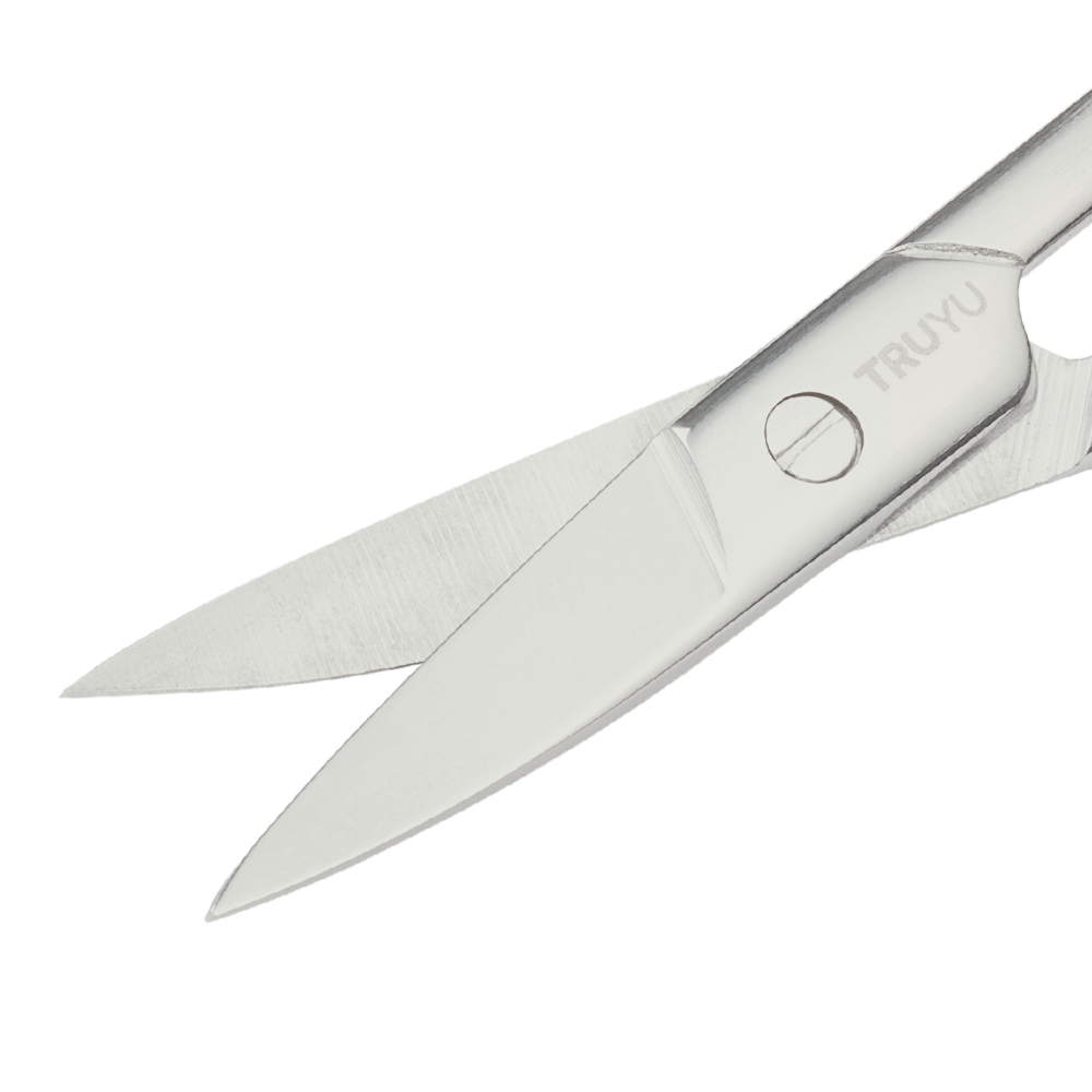Zoomed in image of silver TRUYU Curved Nail Scissors. Close-up of curved blades half-open.