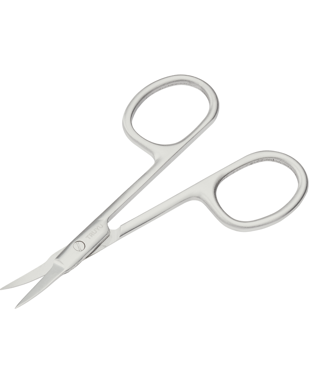 Angled image of silver TRUYU Cuticle Scissors. Blades half-open.