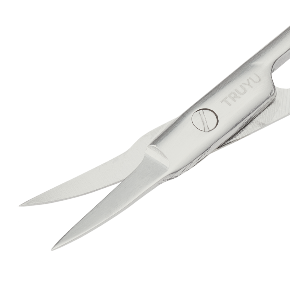Zoomed in image of silver TRUYU Cuticle Scissors. Close-up of blades half-open showing scissor tip.