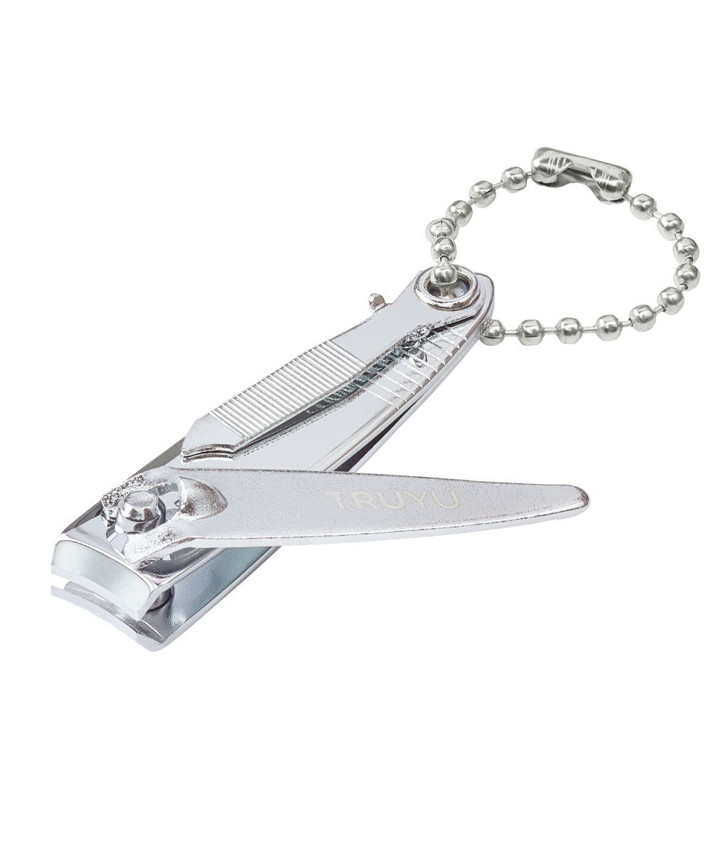 Angled image of silver TRUYU Compact Nail Clippers with Key Chain. 