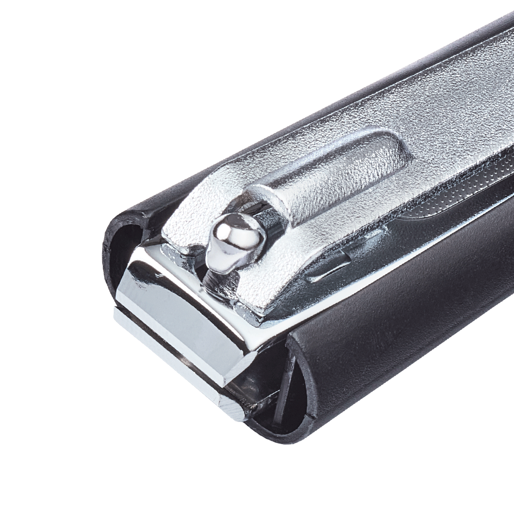 Zoomed in image of a TRUYU Toenail Clippers & Catcher, showing straight silver blades.
