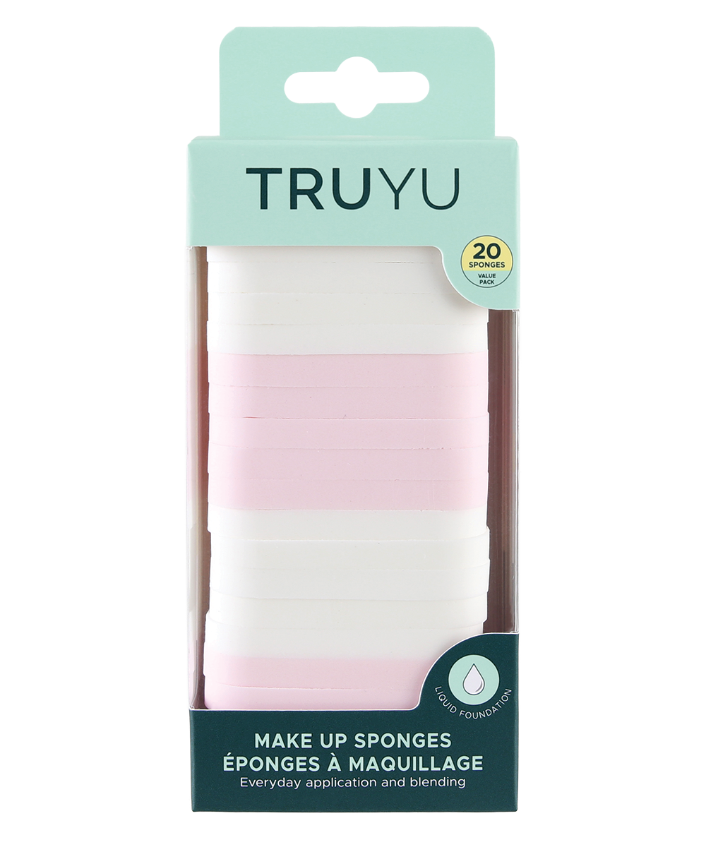 TRUYU Makeup Sponges. White and pink sponges. 20 Pack. In retail box packaging.