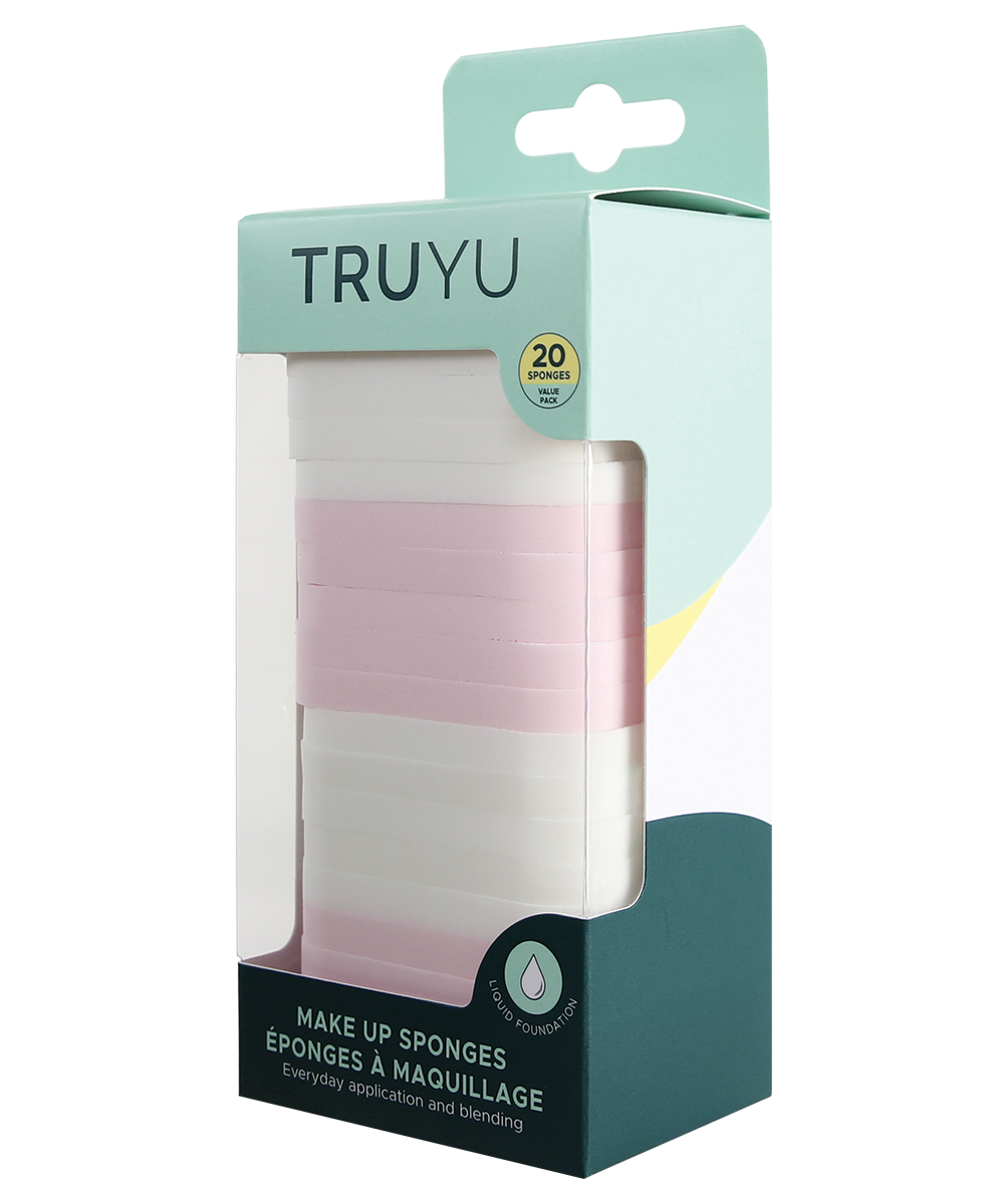 TRUYU Makeup Sponges. White and pink sponges. 20 Pack. In retail box packaging - side angle.