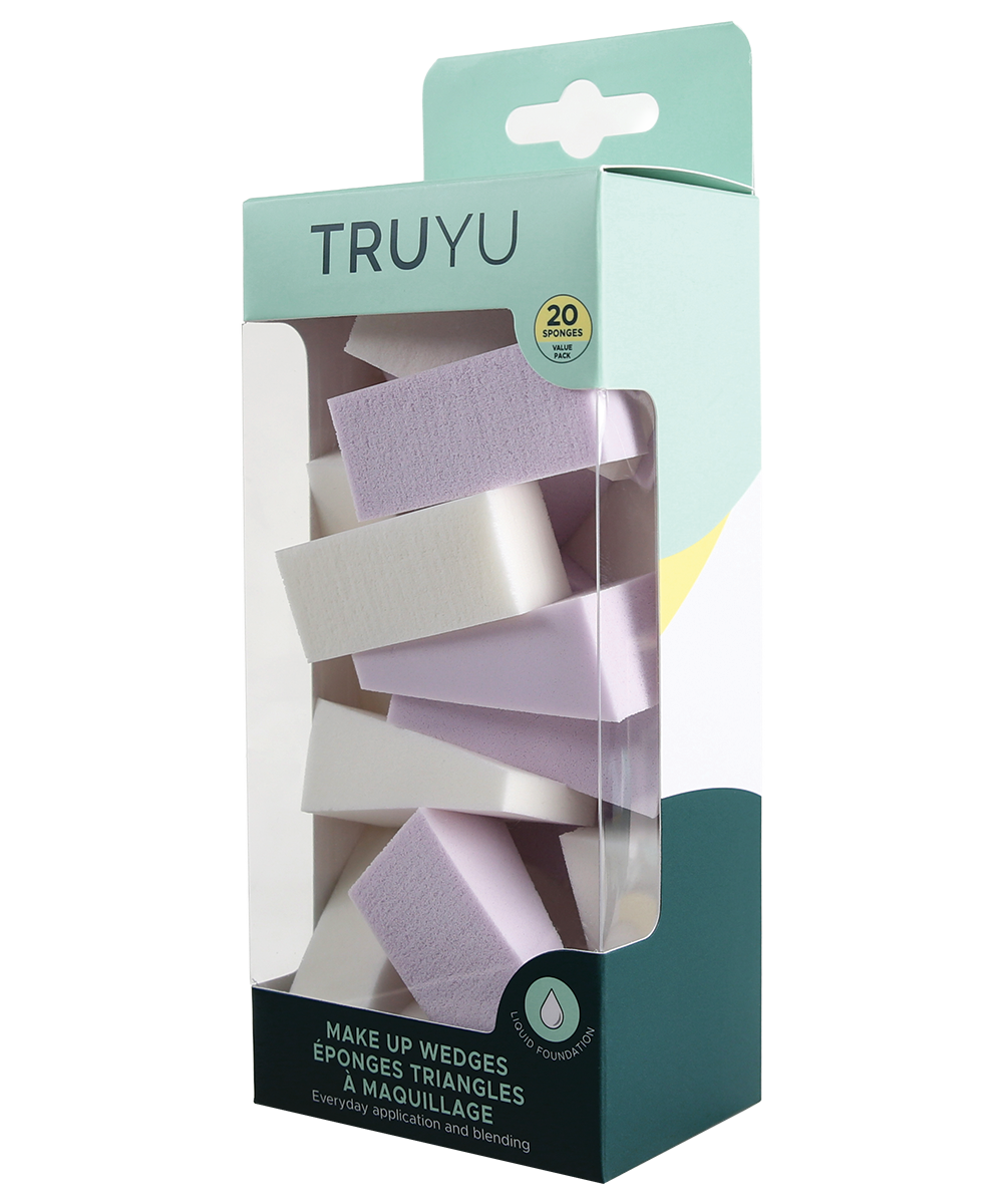 TRUYU Makeup Wedges. White and lilac wedges. 20 Pack. In retail box packaging - side angle.