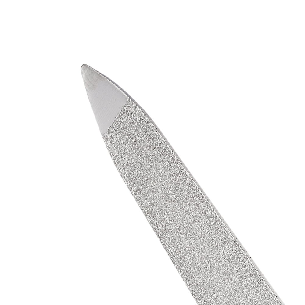 Zoomed in image of TRUYU Compact Sapphire Nail File. Close up of silver file grit.