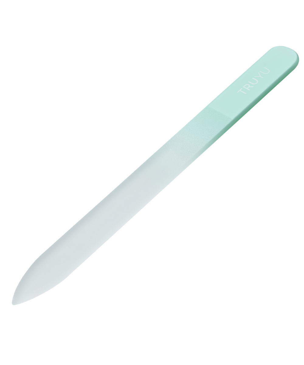 Angled image of mint coloured TRUYU Glass Nail File