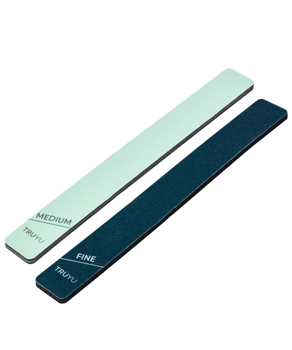 Angled image of TRUYU Nail Shapers (set of 2). Light blue file labelled 'Medium' and blue file 'Fine'.