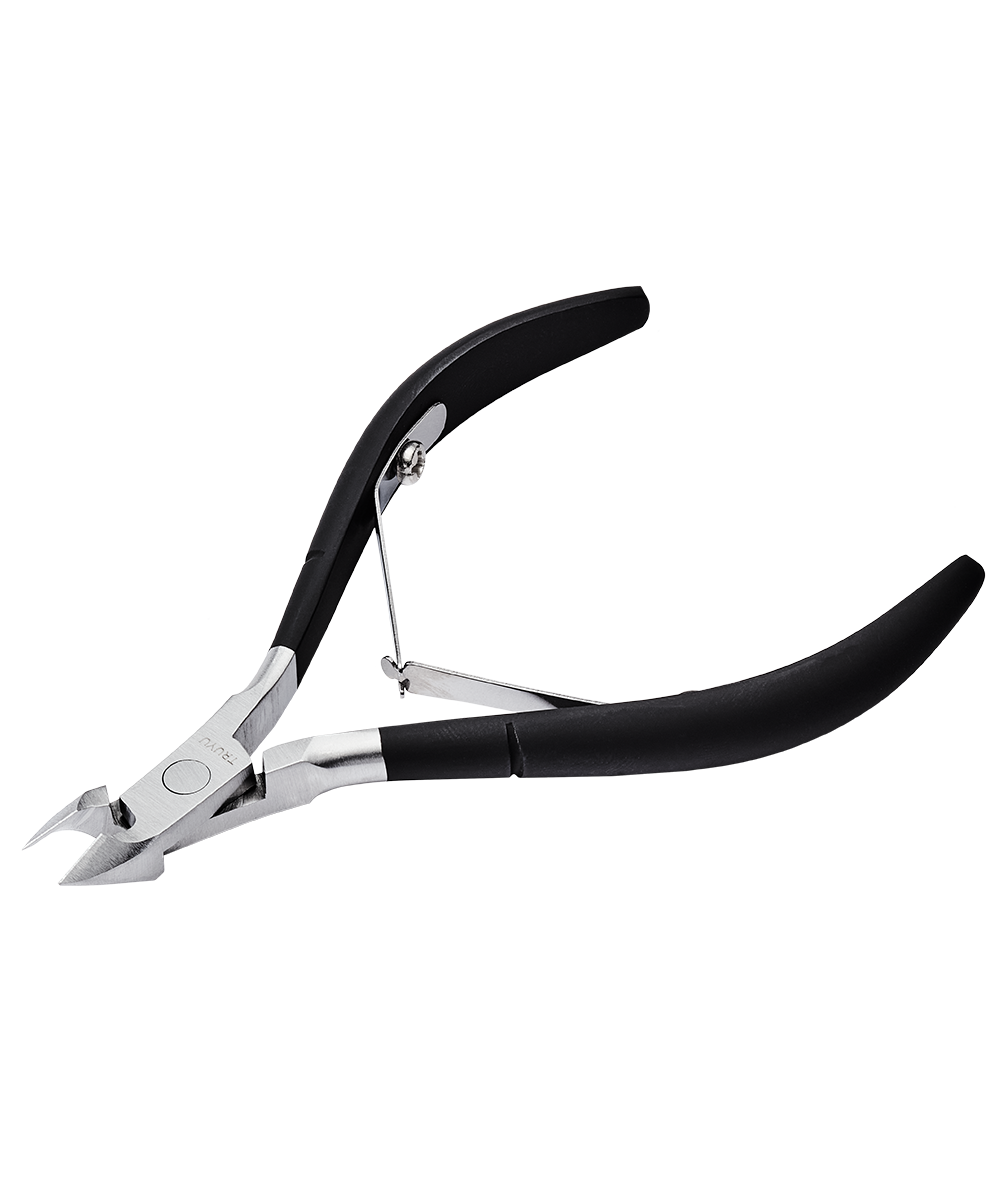 Angled image of TRUYU Cuticle Nippers with black soft touch handles.