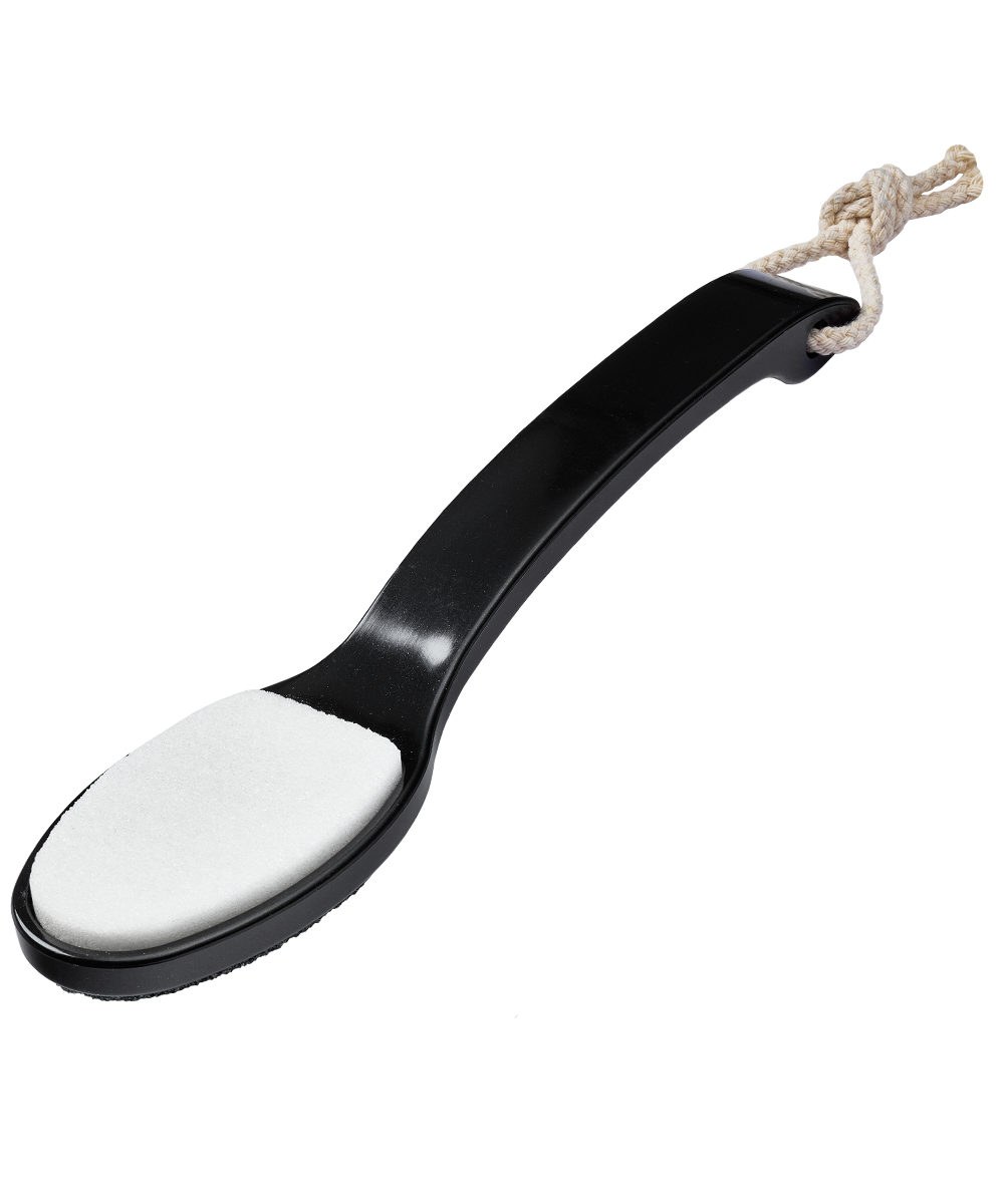 Angled image of TRUYU Ceramic Stone Pedicure File. Black handle with rope & white stone side.