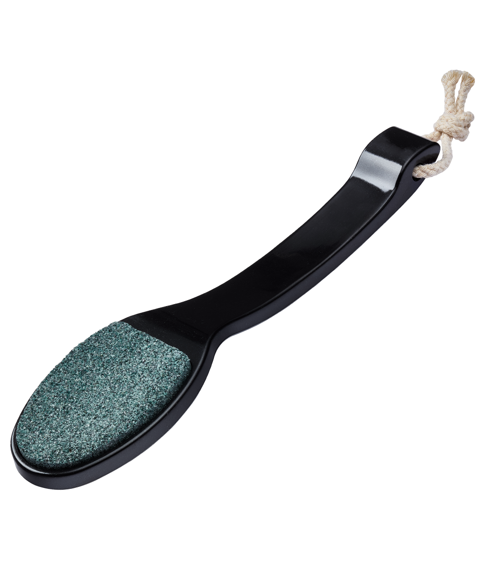 Angled image of TRUYU Ceramic Stone Pedicure File. Black handle with rope & green stone side.
