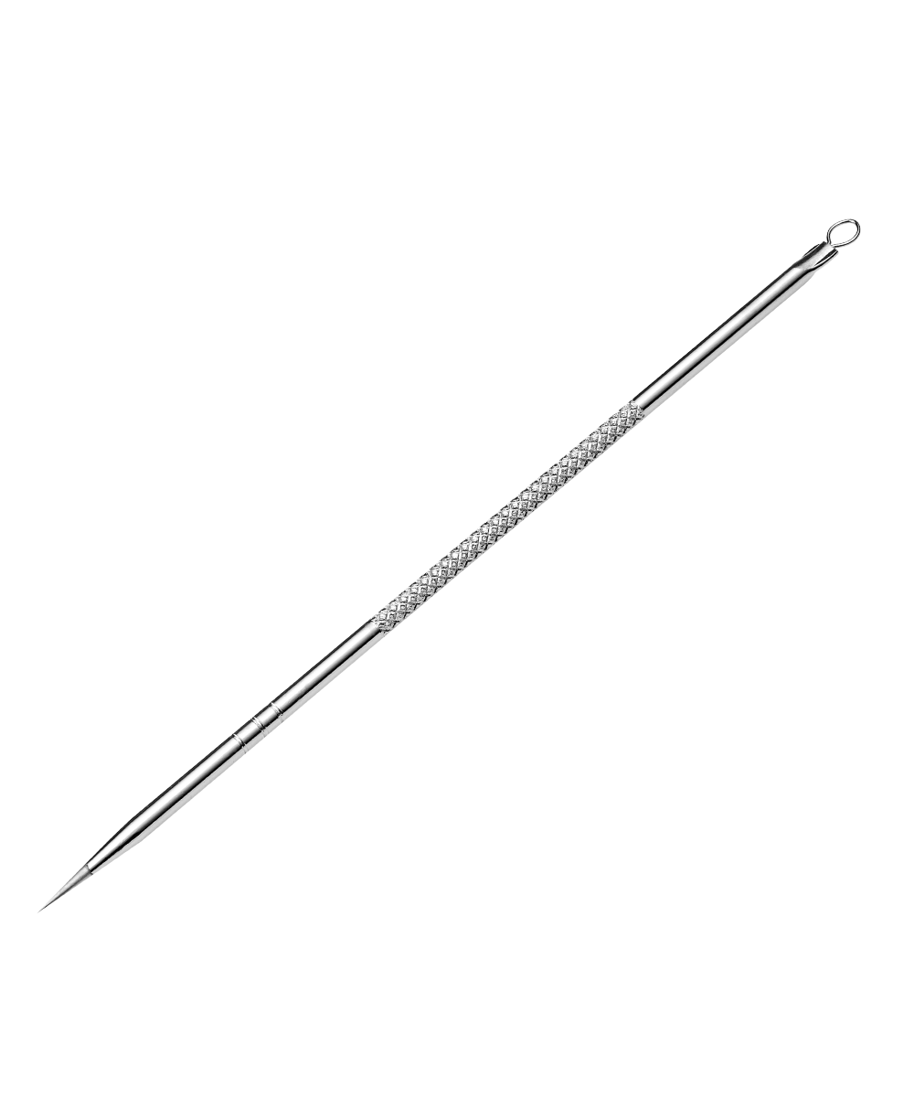 Angled image of silver TRUYU Blackhead Remover. 2 Tips for blackhead removal - point Lancet and Loop.