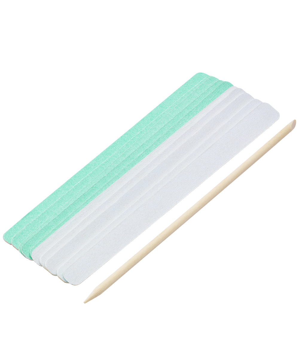 Angled image of TRUYU Emery Boards 10 pack with wooden cuticle pushy. 
