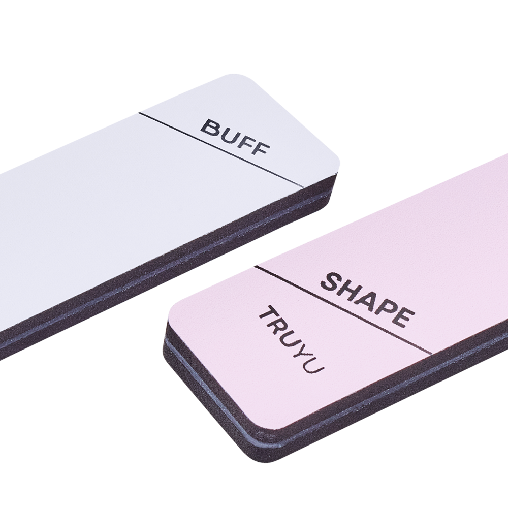 Zoomed in image of TRUYU 3 Way Nail Buffer Showing close up of the Shape and Buff side of the buffer.