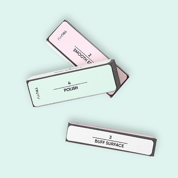Image of TRUYU Buffing Block. Showing 3 different sides labelled 'Buff Surface', 'Polish', and 'Smooth Edges' on a light blue background.